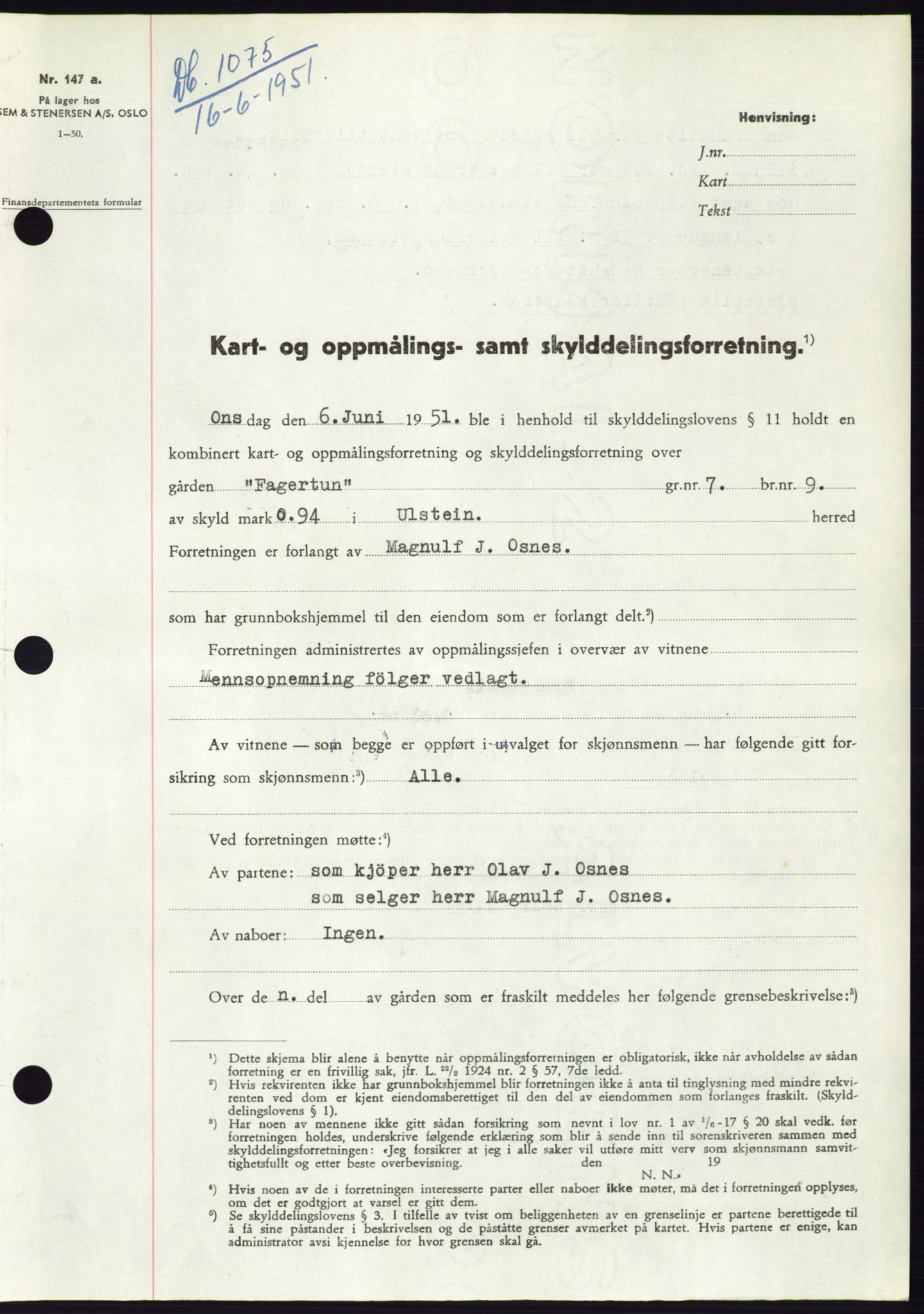 Søre Sunnmøre sorenskriveri, SAT/A-4122/1/2/2C/L0089: Pantebok nr. 15A, 1951-1951, Dagboknr: 1075/1951