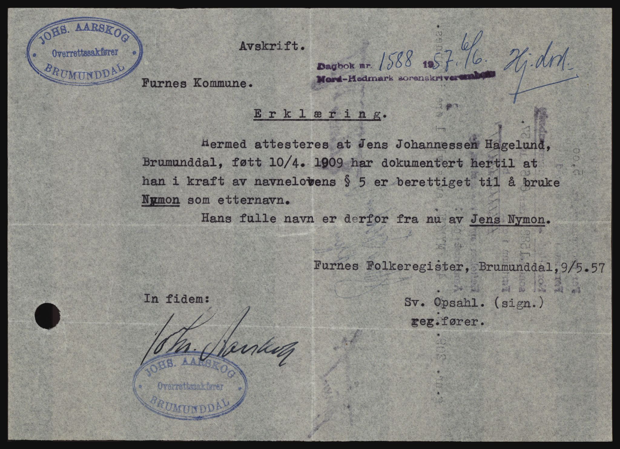 Nord-Hedmark sorenskriveri, SAH/TING-012/H/Hc/L0011: Pantebok nr. 11, 1956-1957, Dagboknr: 1588/1957
