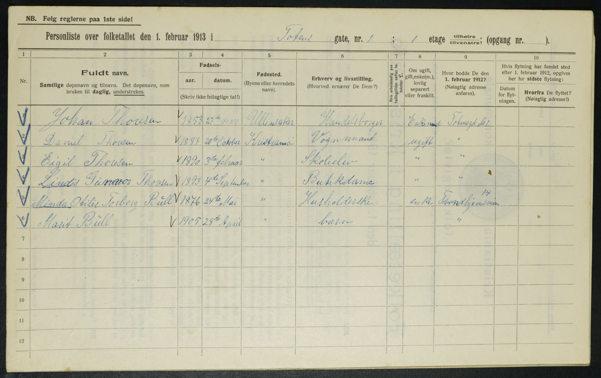 OBA, Kommunal folketelling 1.2.1913 for Kristiania, 1913, s. 115298