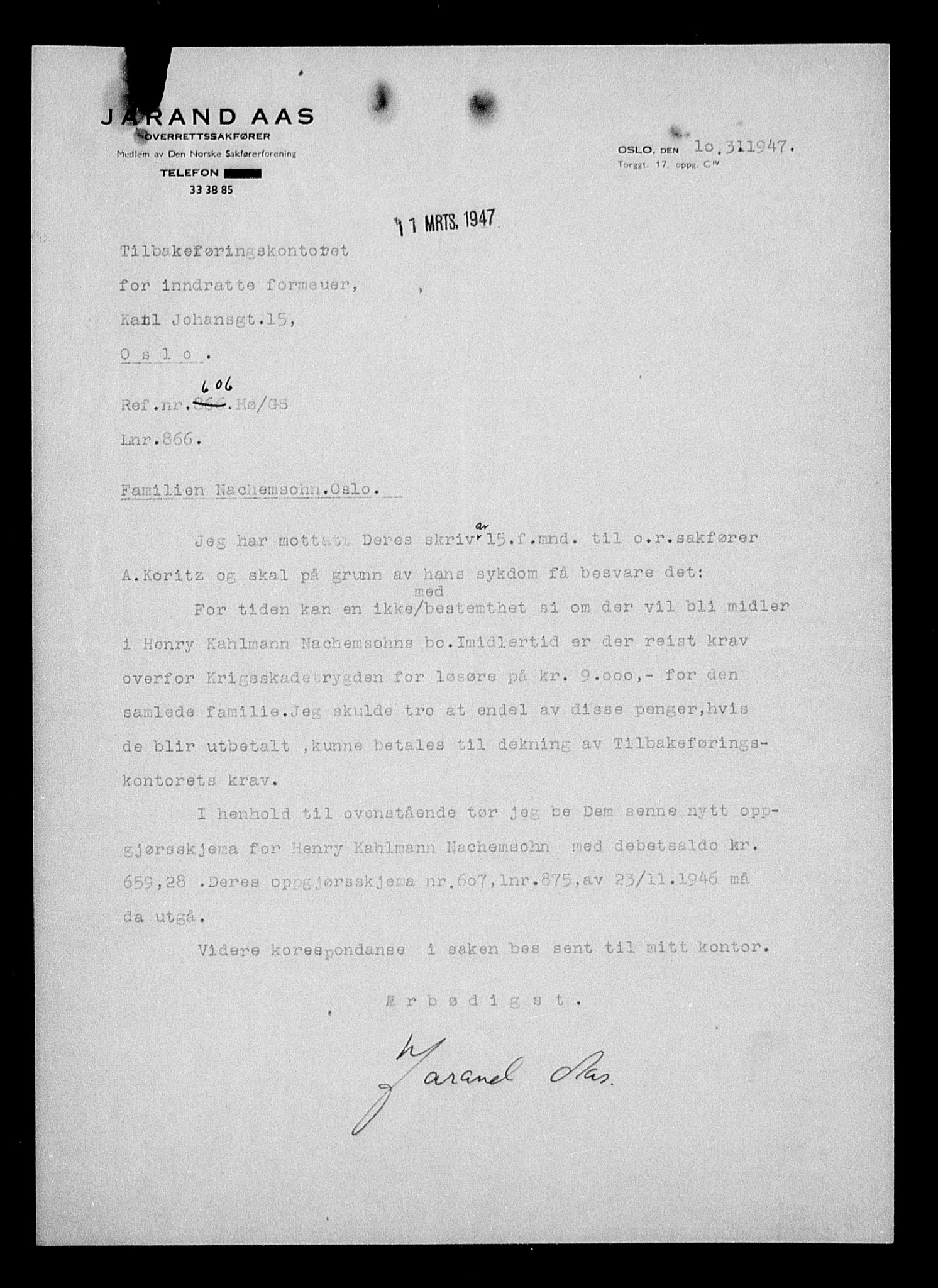 Justisdepartementet, Tilbakeføringskontoret for inndratte formuer, AV/RA-S-1564/H/Hc/Hcc/L0967: --, 1945-1947, s. 24