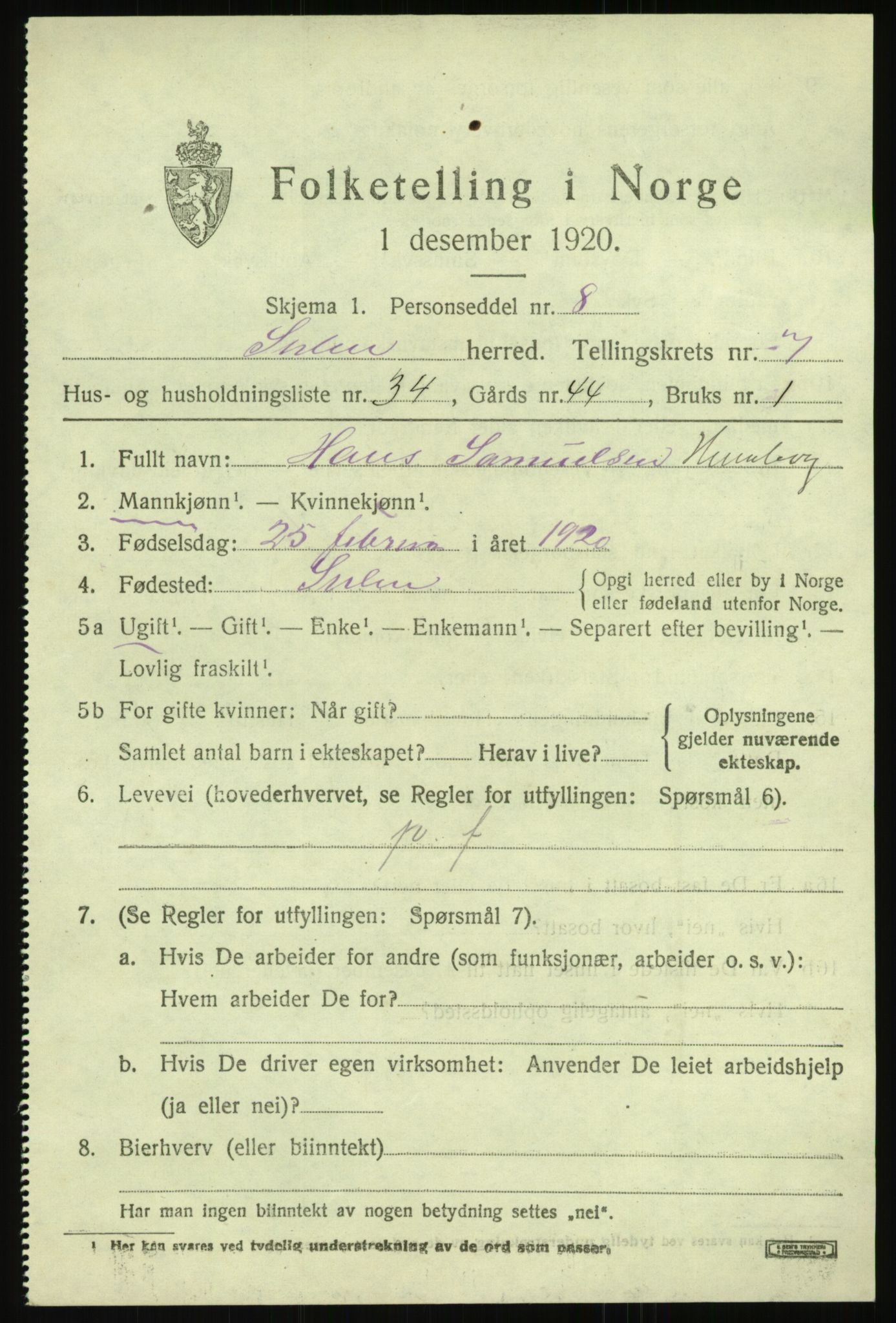 SAB, Folketelling 1920 for 1412 Solund herred, 1920, s. 3134