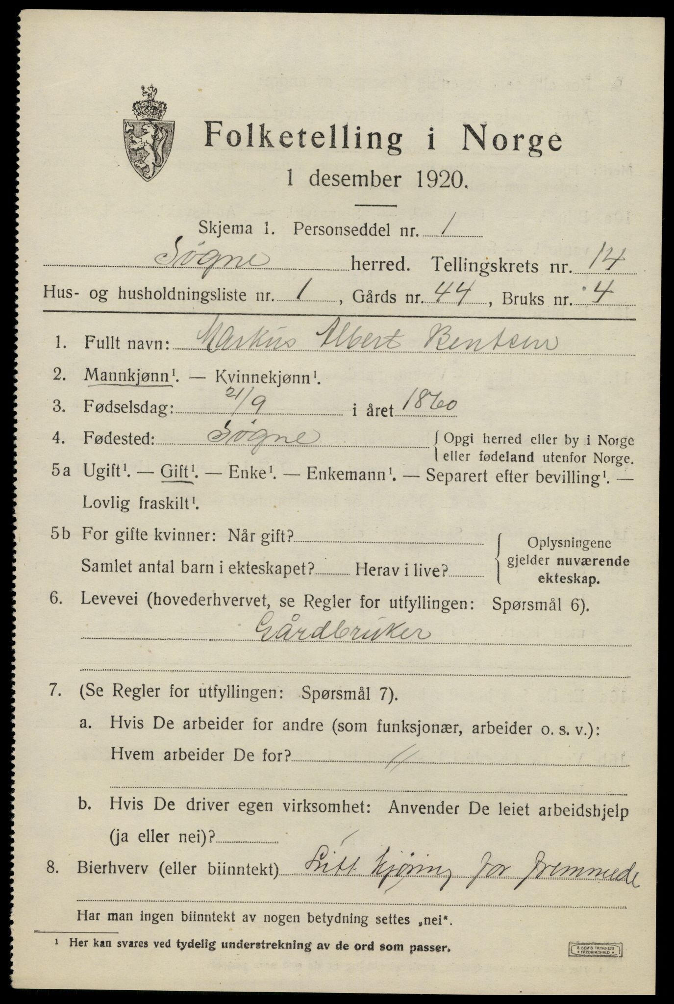 SAK, Folketelling 1920 for 1018 Søgne herred, 1920, s. 6749