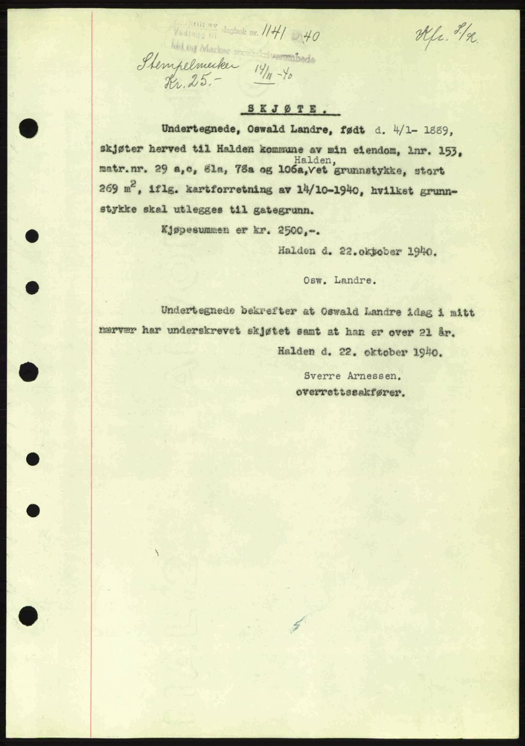 Idd og Marker sorenskriveri, AV/SAO-A-10283/G/Gb/Gbb/L0004: Pantebok nr. A4, 1940-1941, Dagboknr: 1141/1940