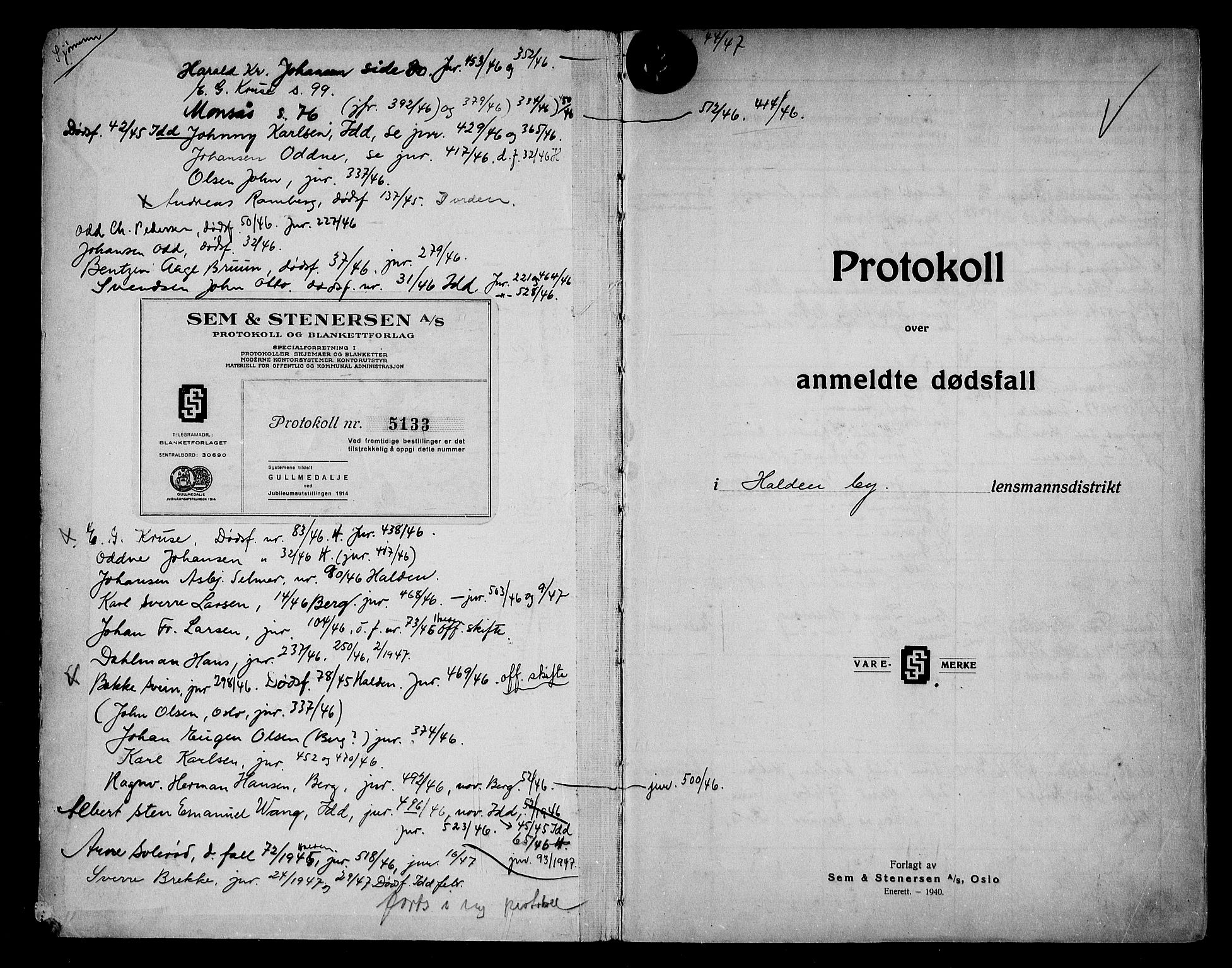 Idd og Marker sorenskriveri, AV/SAO-A-10283/H/Ha/Haa/L0001/0007: Dødsanmeldelsesprotokoller / Dødsanmeldelsesprotokoll, 1942-1946