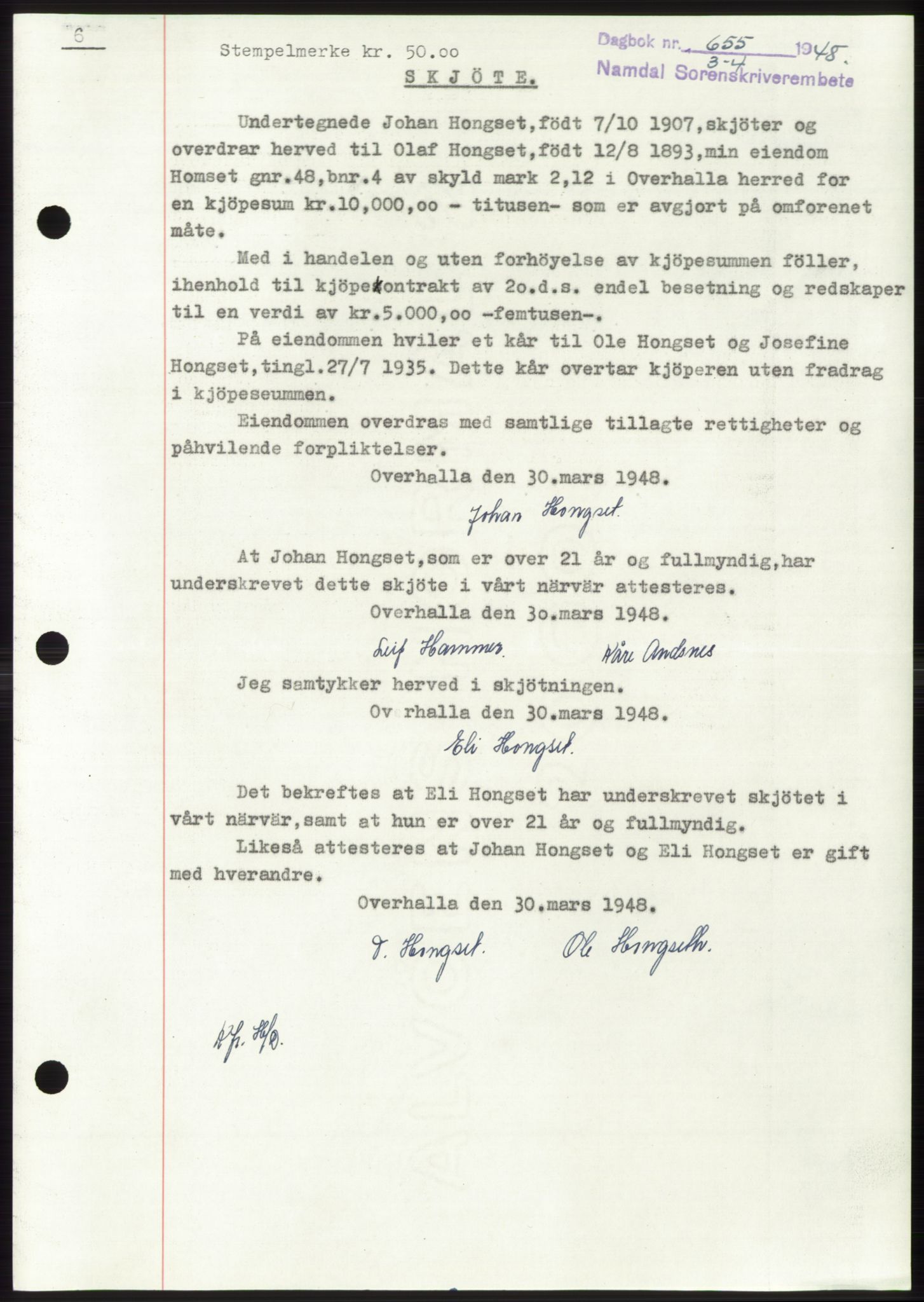 Namdal sorenskriveri, SAT/A-4133/1/2/2C: Pantebok nr. -, 1947-1948, Dagboknr: 655/1948