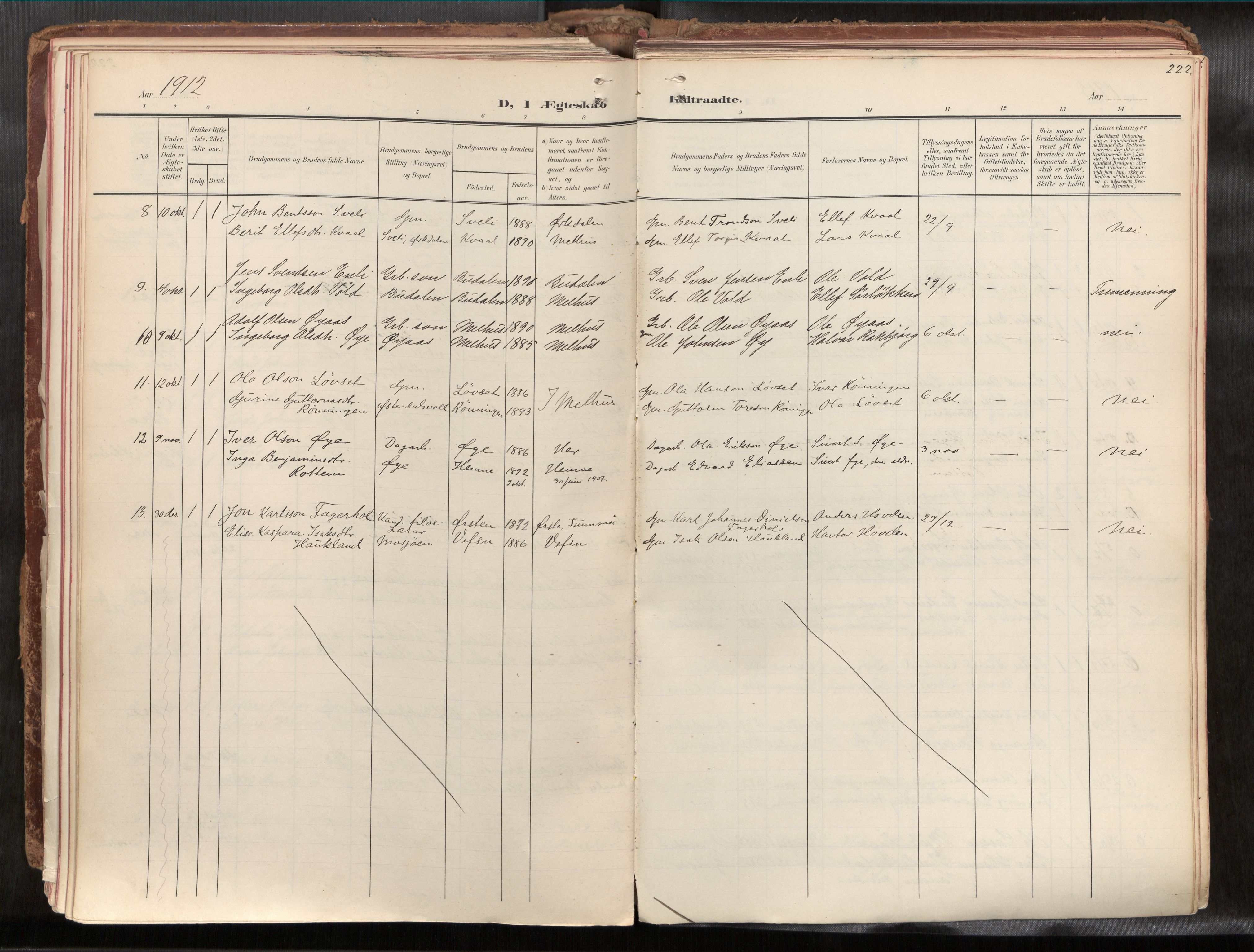 Ministerialprotokoller, klokkerbøker og fødselsregistre - Sør-Trøndelag, AV/SAT-A-1456/691/L1085b: Ministerialbok nr. 691A18, 1908-1930, s. 222