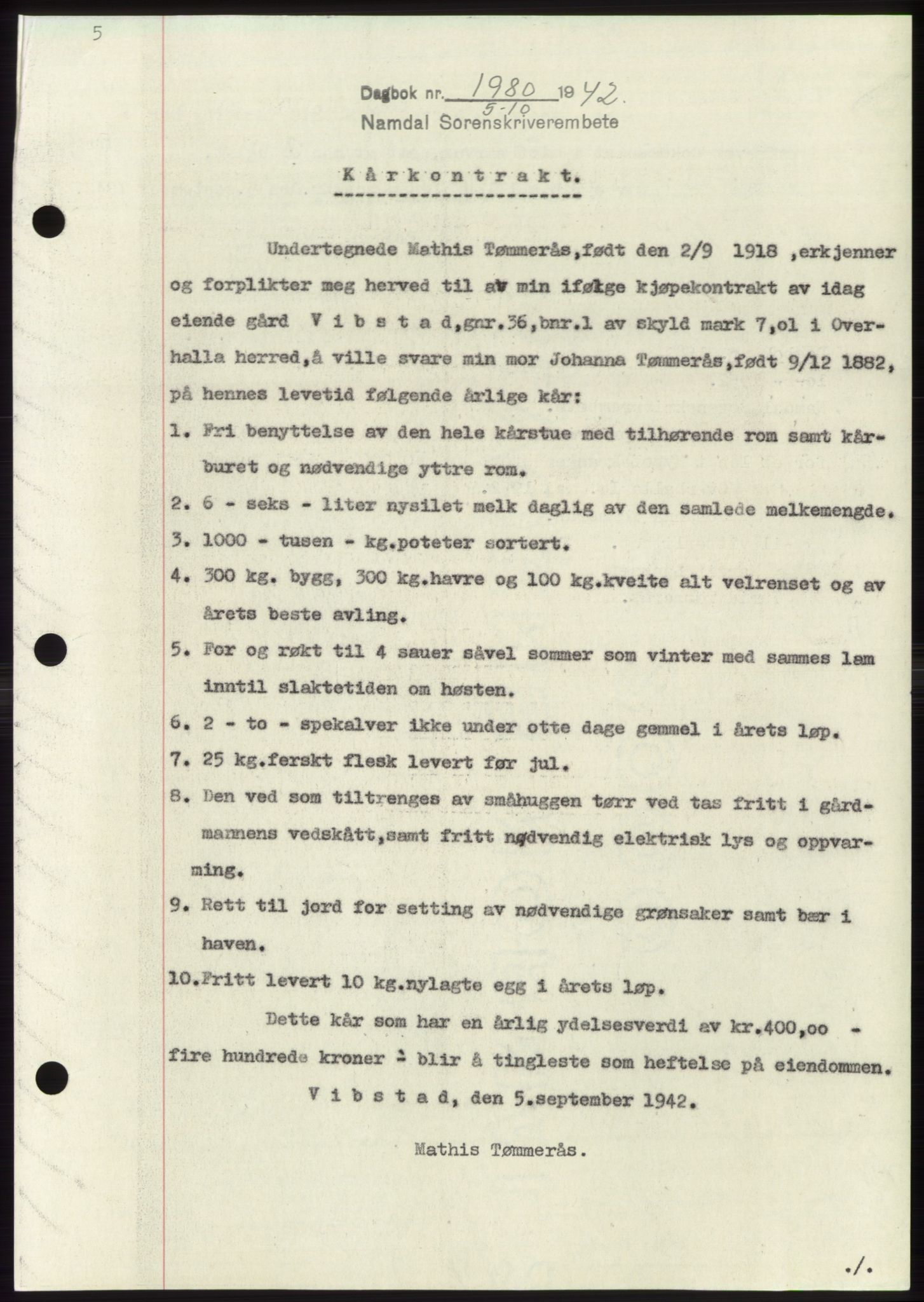 Namdal sorenskriveri, SAT/A-4133/1/2/2C: Pantebok nr. -, 1942-1943, Dagboknr: 1980/1942