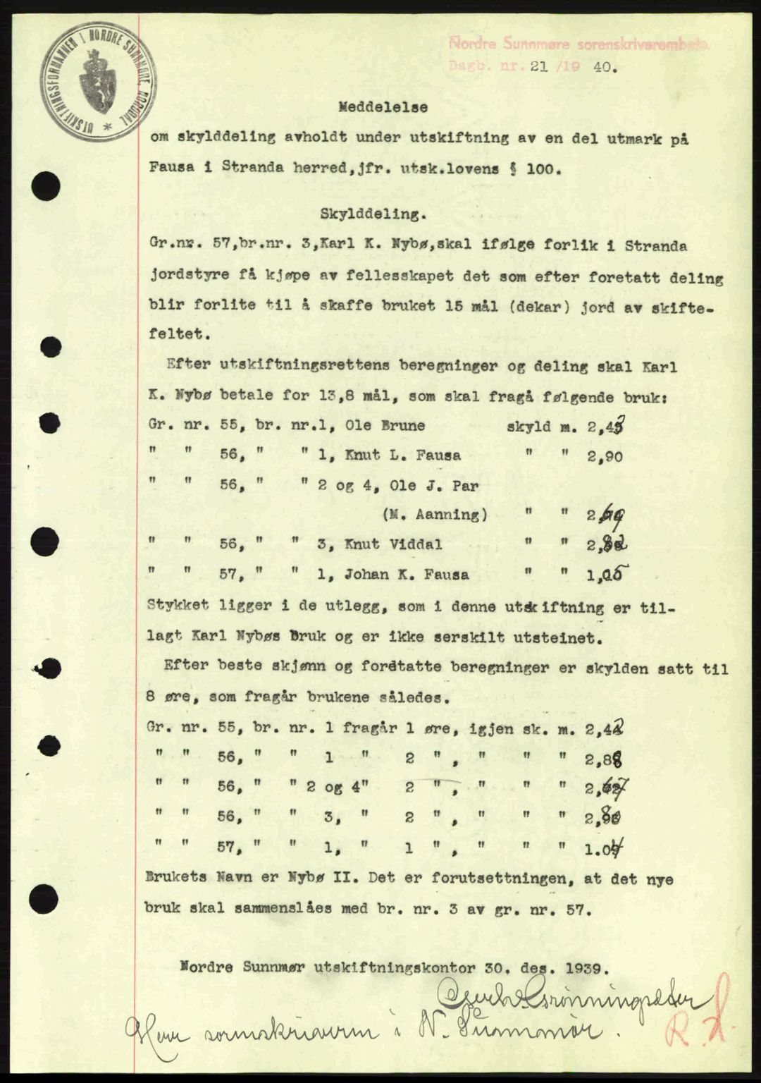 Nordre Sunnmøre sorenskriveri, AV/SAT-A-0006/1/2/2C/2Ca: Pantebok nr. A8, 1939-1940, Dagboknr: 21/1940