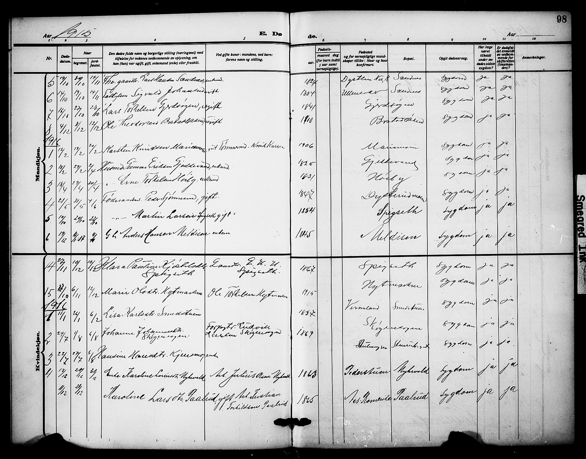 Sør-Odal prestekontor, AV/SAH-PREST-030/H/Ha/Hab/L0009: Klokkerbok nr. 9, 1915-1927, s. 98