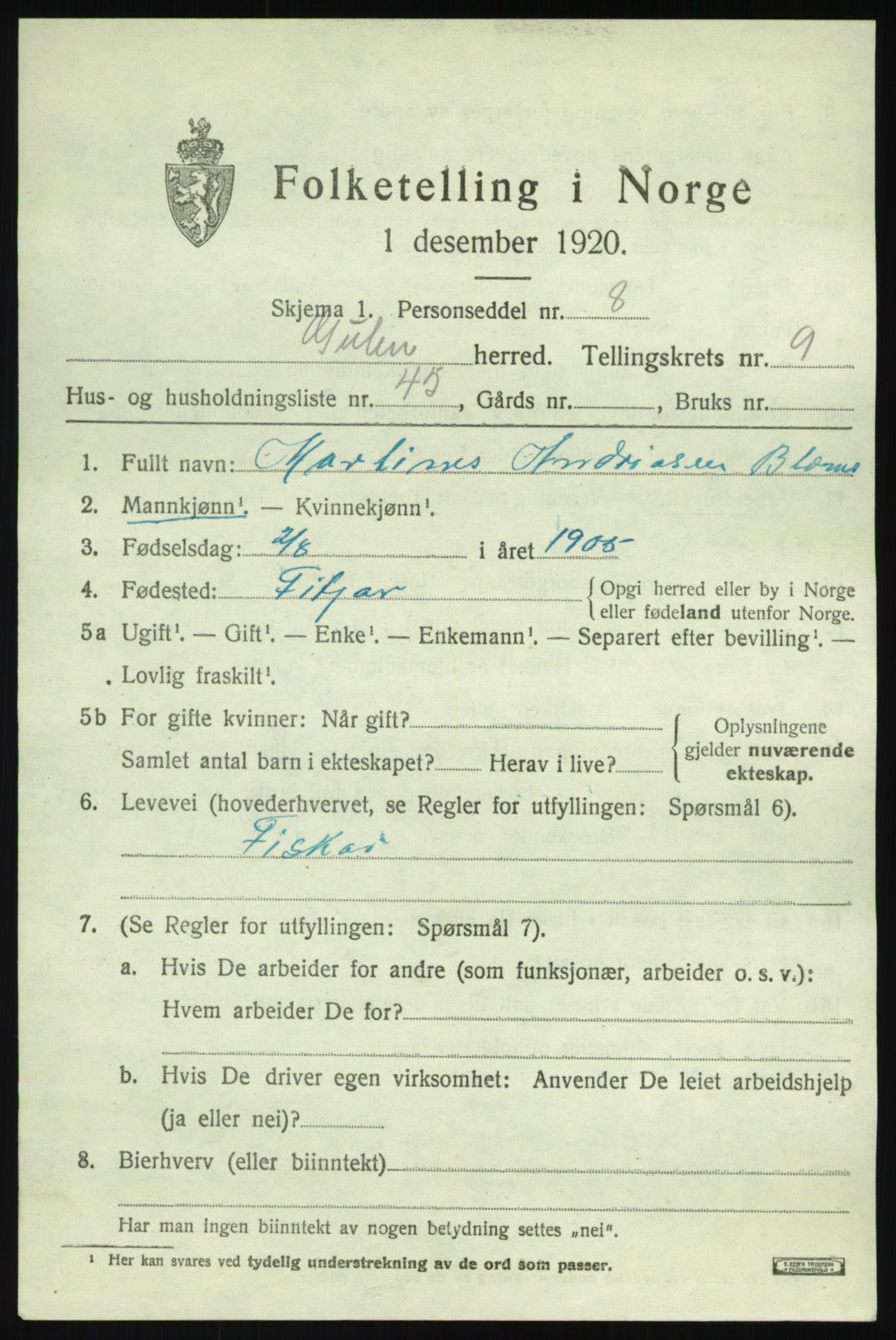 SAB, Folketelling 1920 for 1411 Gulen herred, 1920, s. 4539