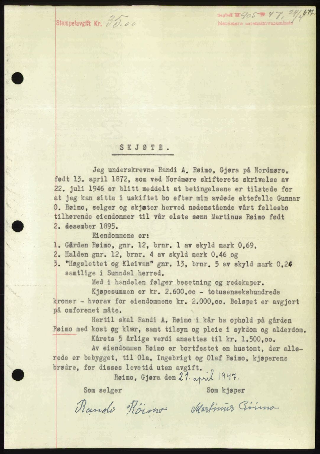 Nordmøre sorenskriveri, SAT/A-4132/1/2/2Ca: Pantebok nr. A104, 1947-1947, Dagboknr: 905/1947
