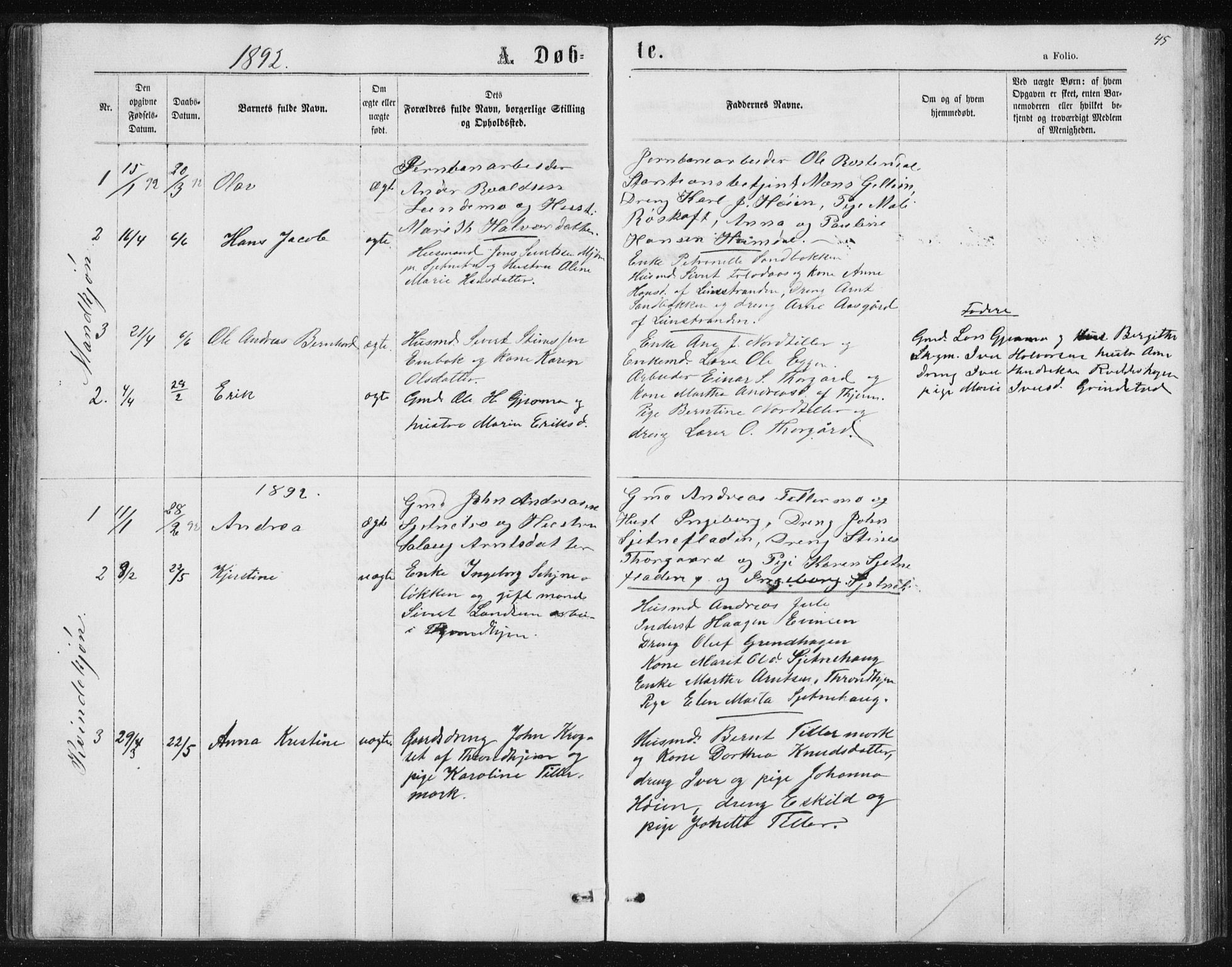 Ministerialprotokoller, klokkerbøker og fødselsregistre - Sør-Trøndelag, SAT/A-1456/621/L0459: Klokkerbok nr. 621C02, 1866-1895, s. 45