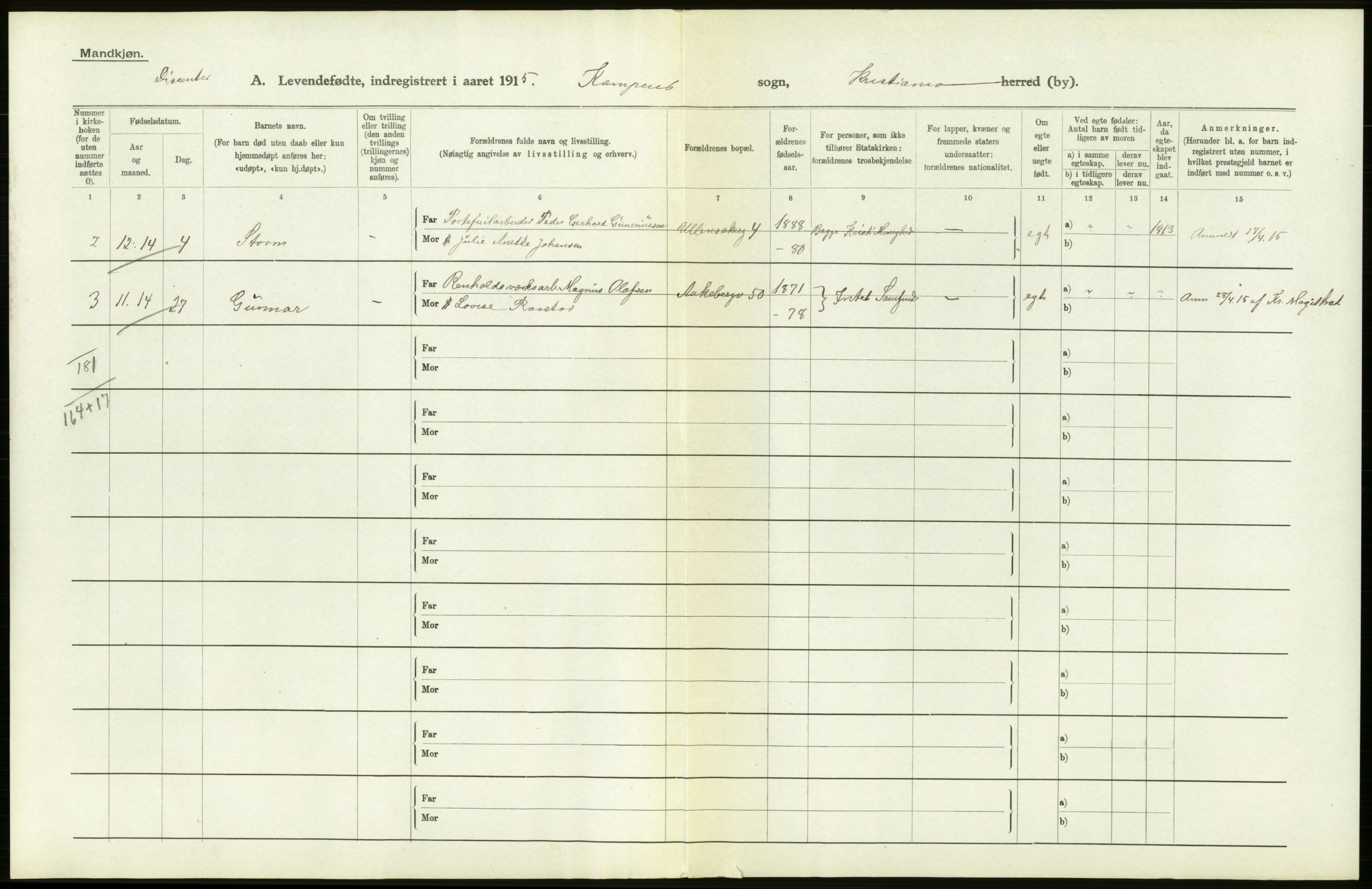 Statistisk sentralbyrå, Sosiodemografiske emner, Befolkning, RA/S-2228/D/Df/Dfb/Dfbe/L0006: Kristiania: Levendefødte menn og kvinner., 1915, s. 402