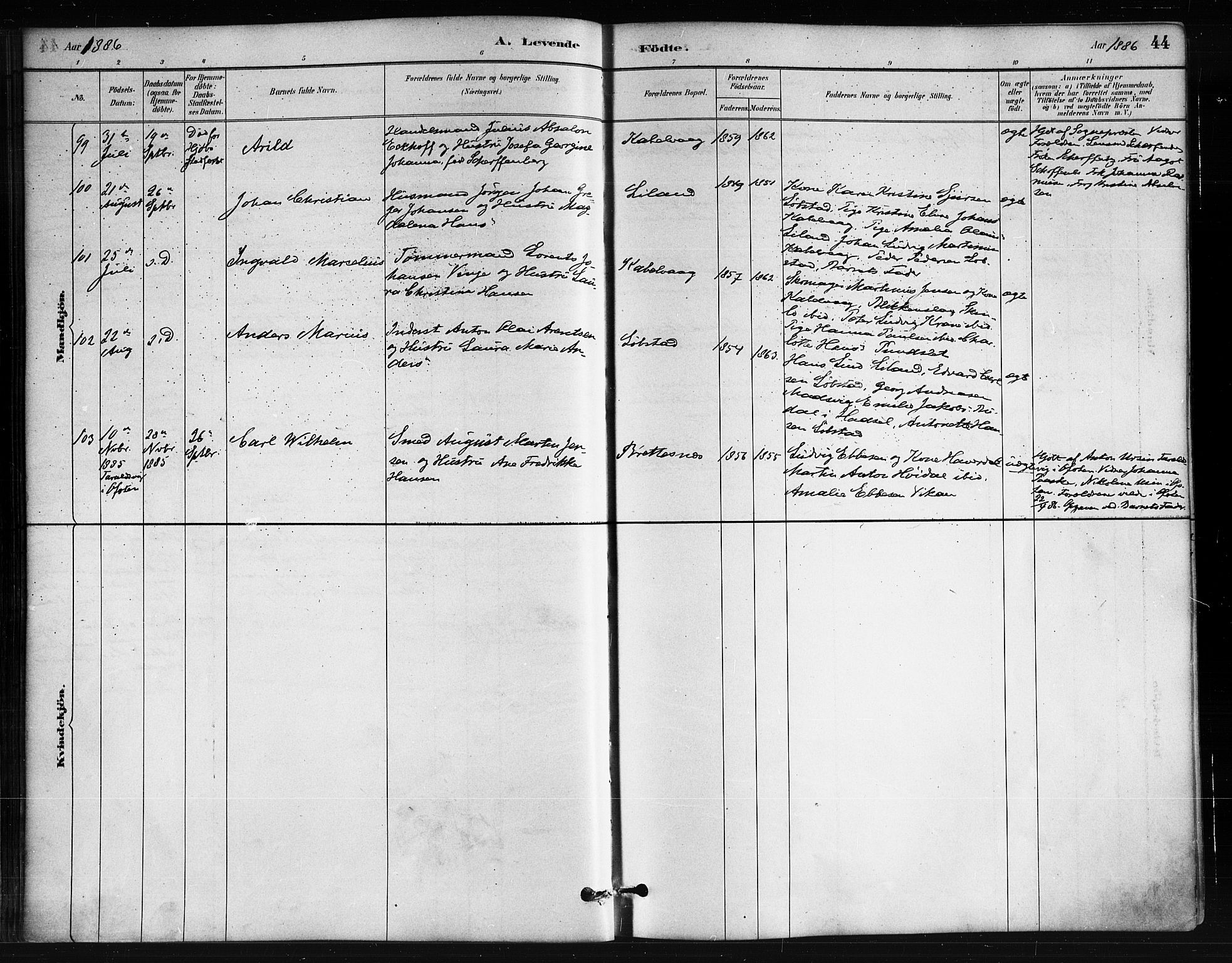 Ministerialprotokoller, klokkerbøker og fødselsregistre - Nordland, SAT/A-1459/874/L1059: Ministerialbok nr. 874A03, 1884-1890, s. 44