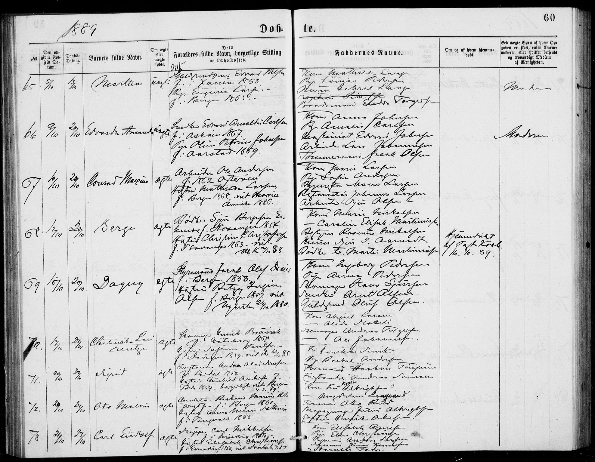 Fødselsstiftelsens sokneprestembete, ført av overlegen*, SAB/-: Ministerialbok nr. A 2, 1884-1900, s. 60