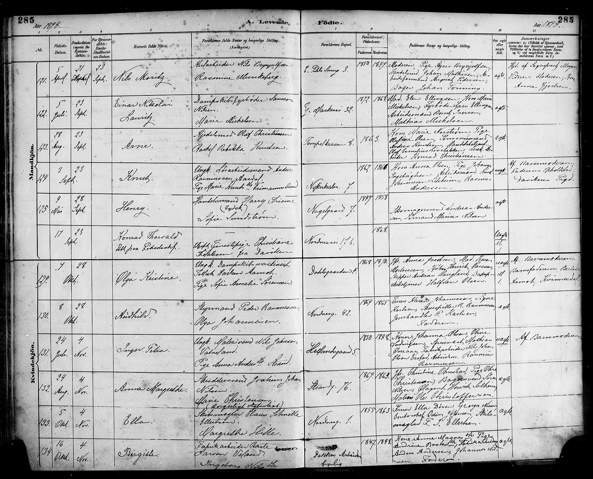 Nykirken Sokneprestembete, AV/SAB-A-77101/H/Haa: Ministerialbok nr. B 5, 1885-1894, s. 285