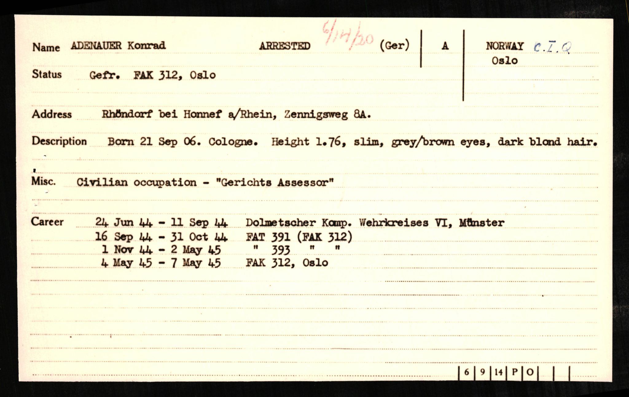 Forsvaret, Forsvarets overkommando II, AV/RA-RAFA-3915/D/Db/L0001: CI Questionaires. Tyske okkupasjonsstyrker i Norge. Tyskere., 1945-1946, s. 96