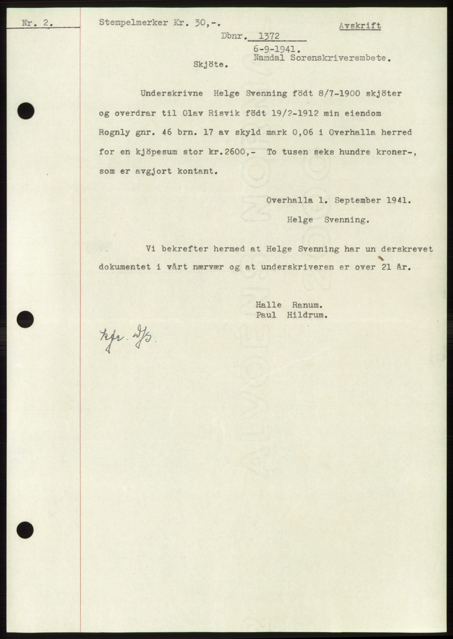Namdal sorenskriveri, SAT/A-4133/1/2/2C: Pantebok nr. -, 1941-1942, Dagboknr: 1372/1941