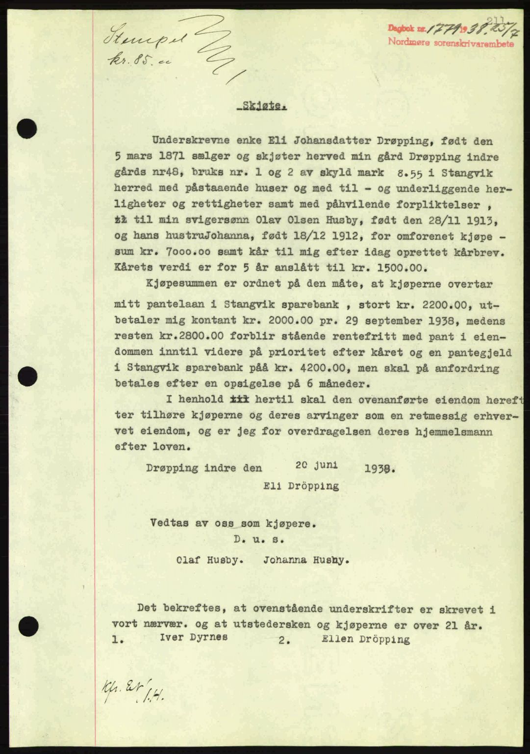Nordmøre sorenskriveri, SAT/A-4132/1/2/2Ca: Pantebok nr. A84, 1938-1938, Dagboknr: 1779/1938