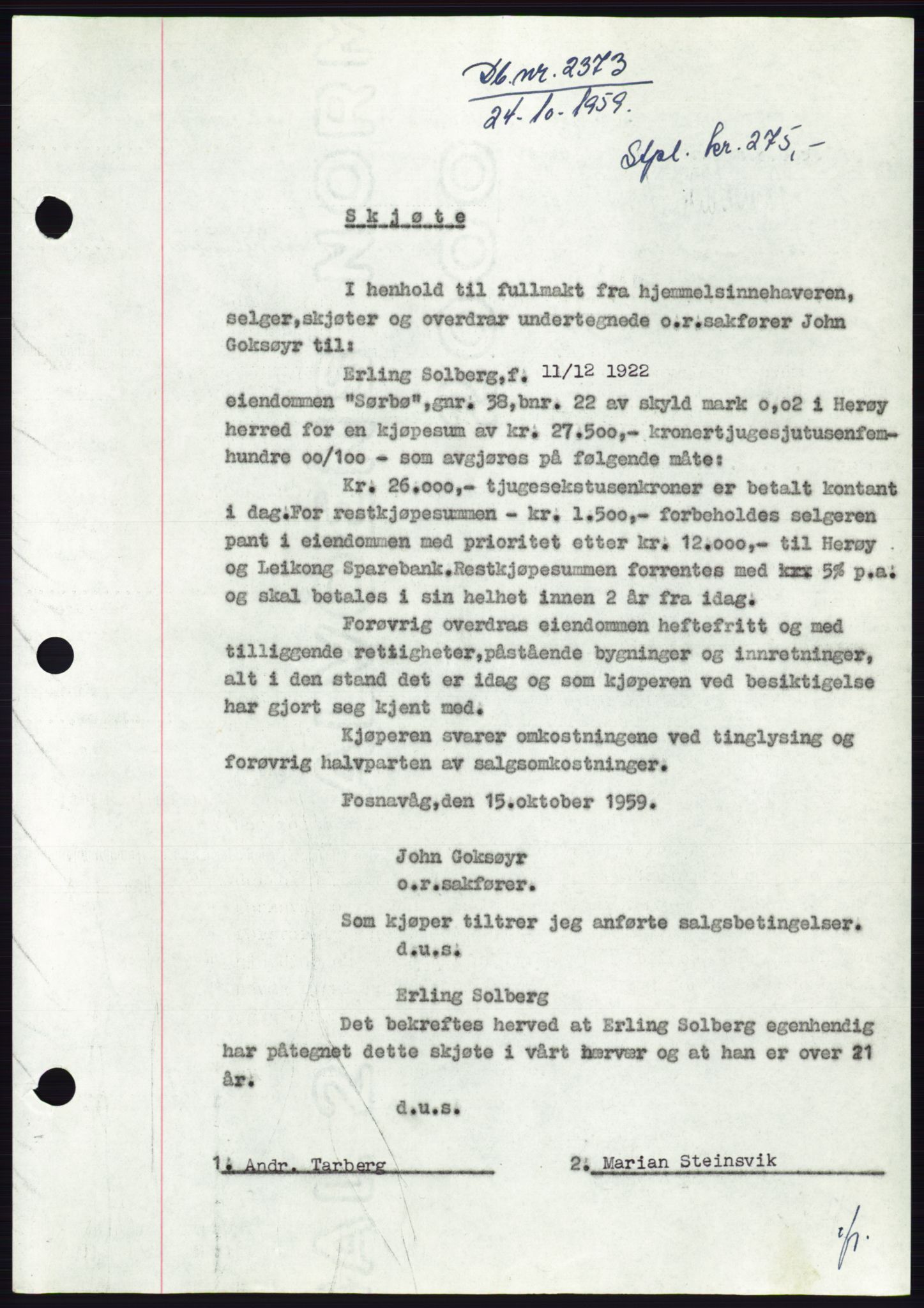 Søre Sunnmøre sorenskriveri, SAT/A-4122/1/2/2C/L0113: Pantebok nr. 39A, 1959-1959, Dagboknr: 2373/1959