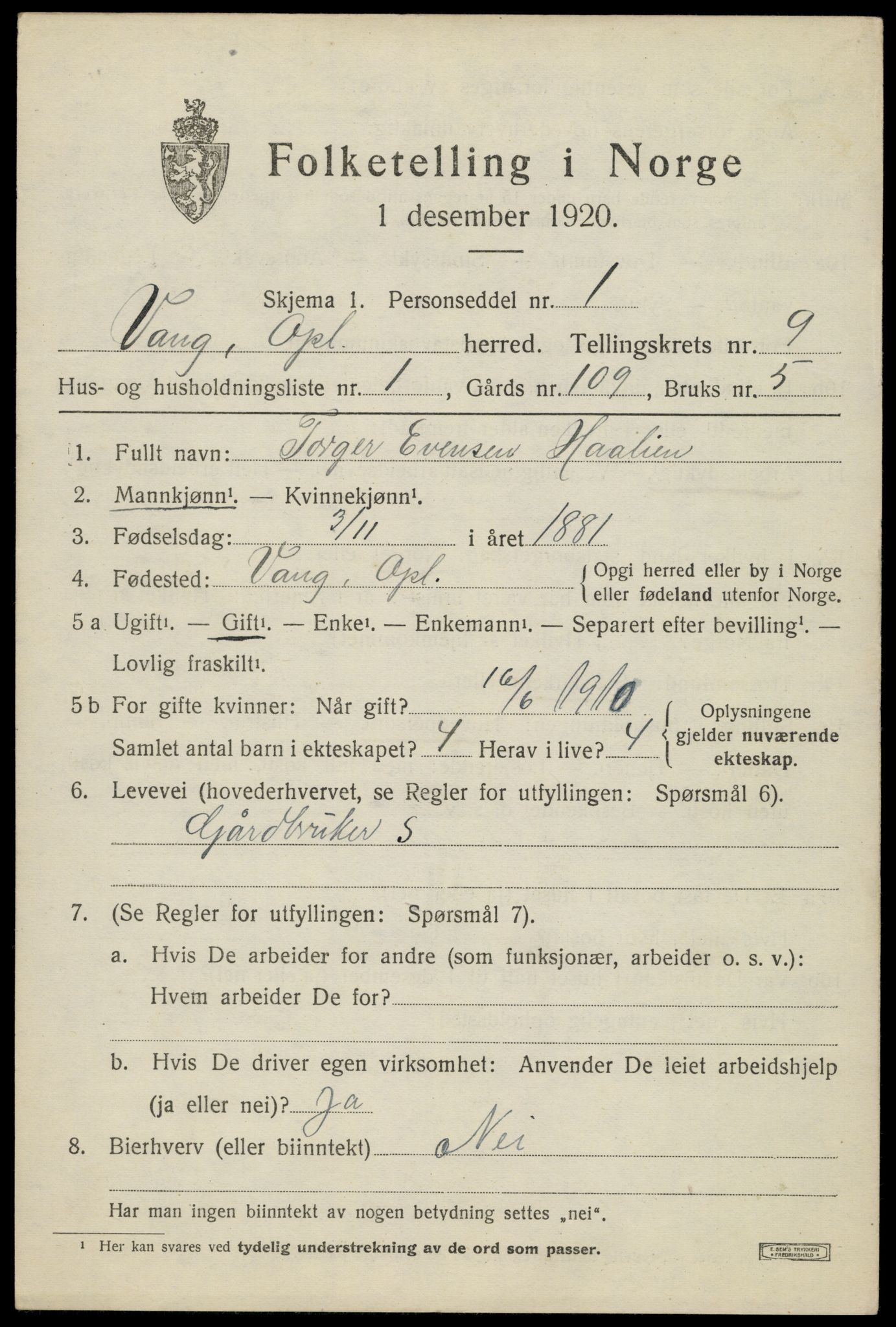 SAH, Folketelling 1920 for 0545 Vang herred, 1920, s. 3857