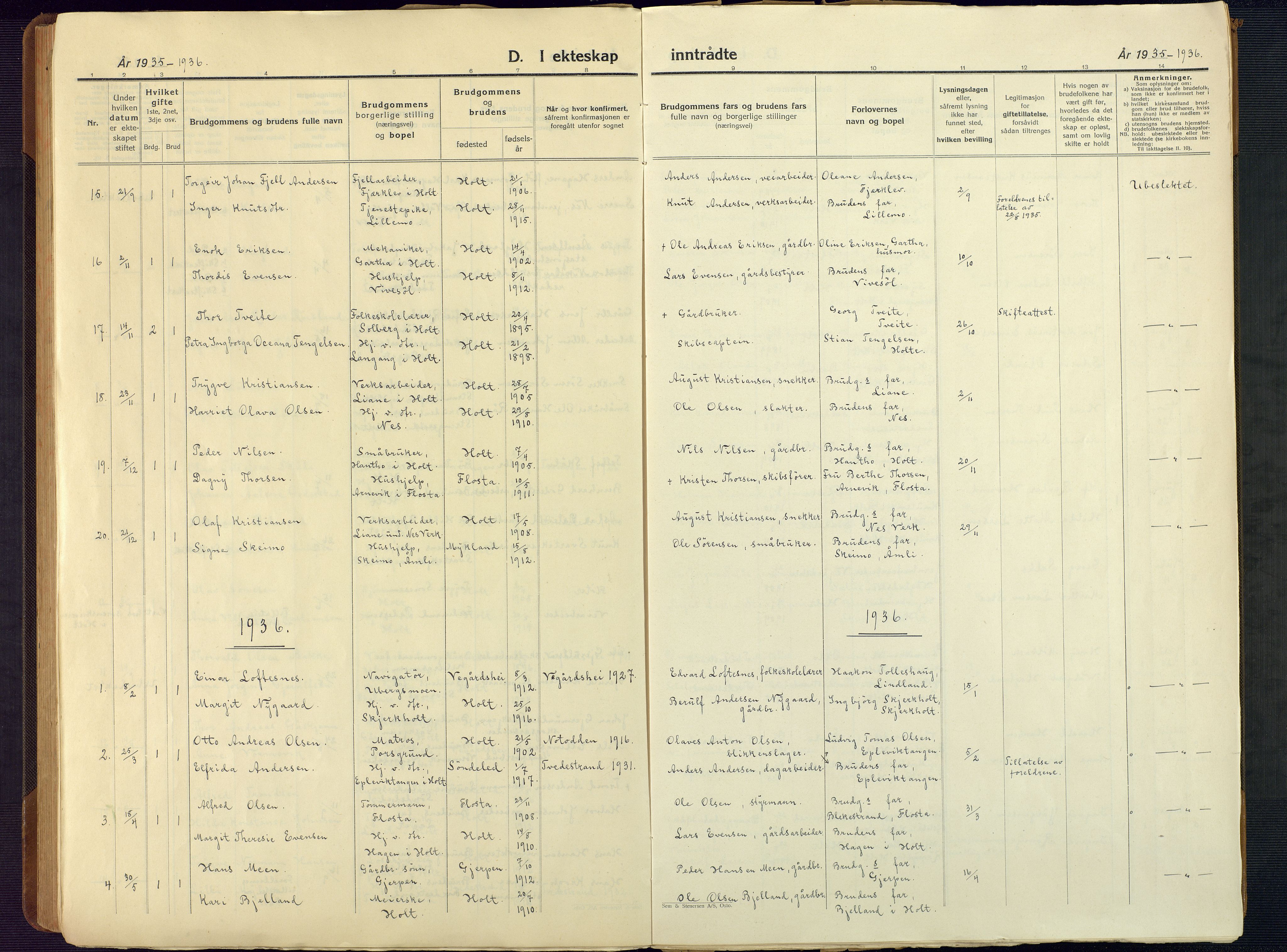 Holt sokneprestkontor, AV/SAK-1111-0021/F/Fb/L0012: Klokkerbok nr. B 12, 1919-1944