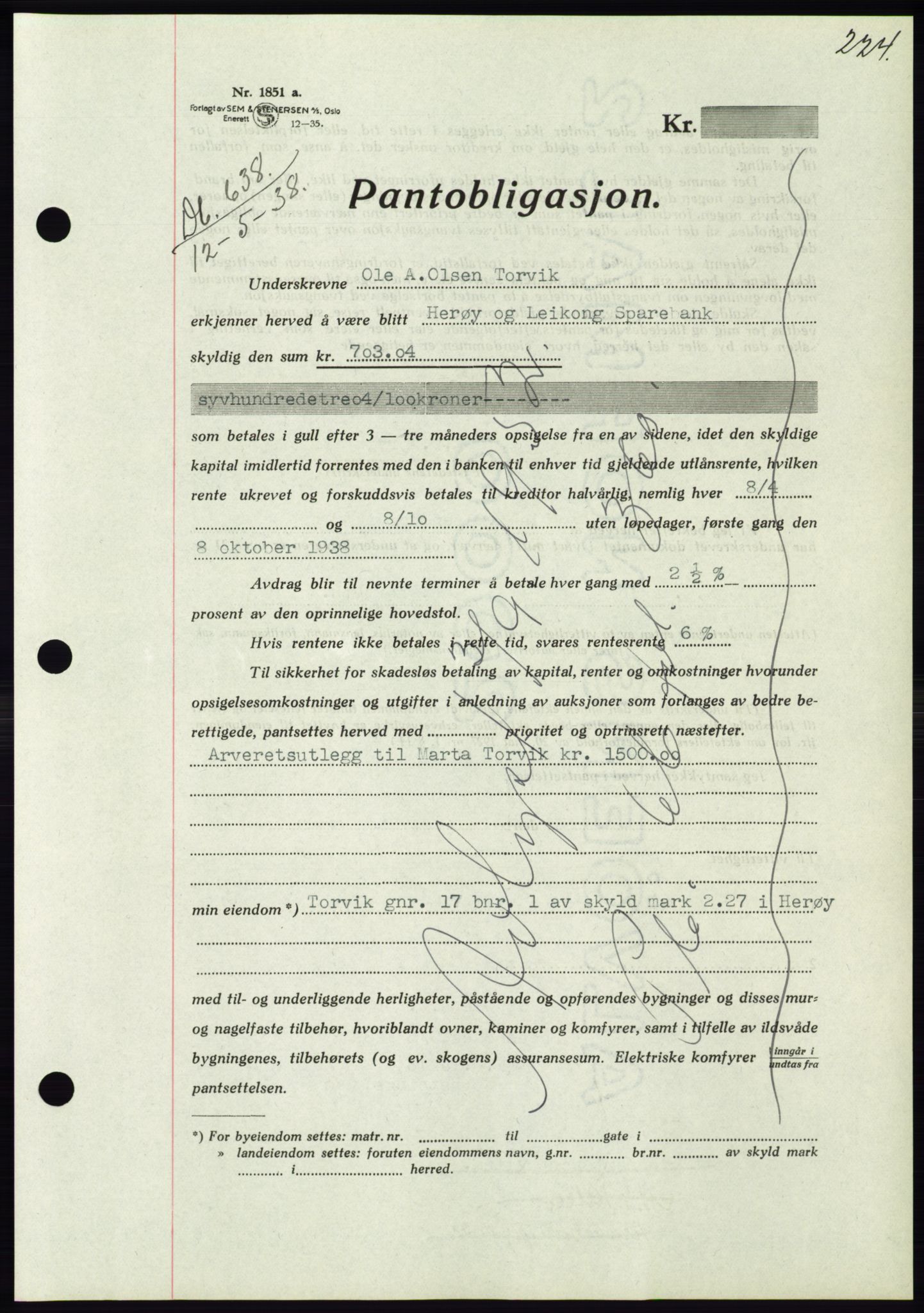 Søre Sunnmøre sorenskriveri, AV/SAT-A-4122/1/2/2C/L0065: Pantebok nr. 59, 1938-1938, Dagboknr: 638/1938