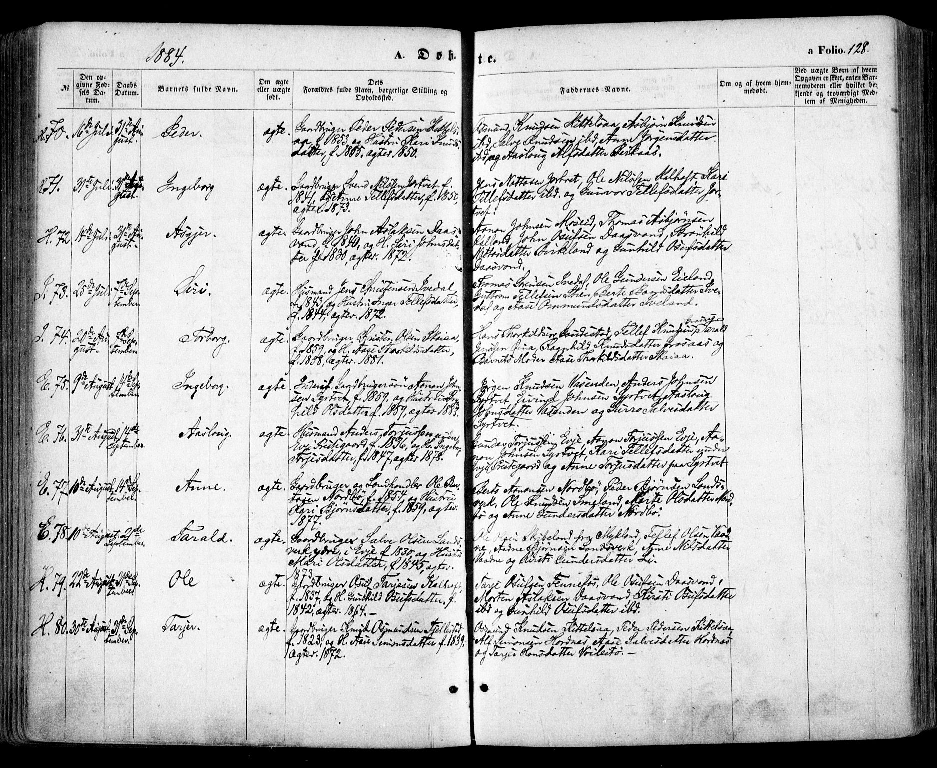 Evje sokneprestkontor, AV/SAK-1111-0008/F/Fa/Faa/L0006: Ministerialbok nr. A 6, 1866-1884, s. 128