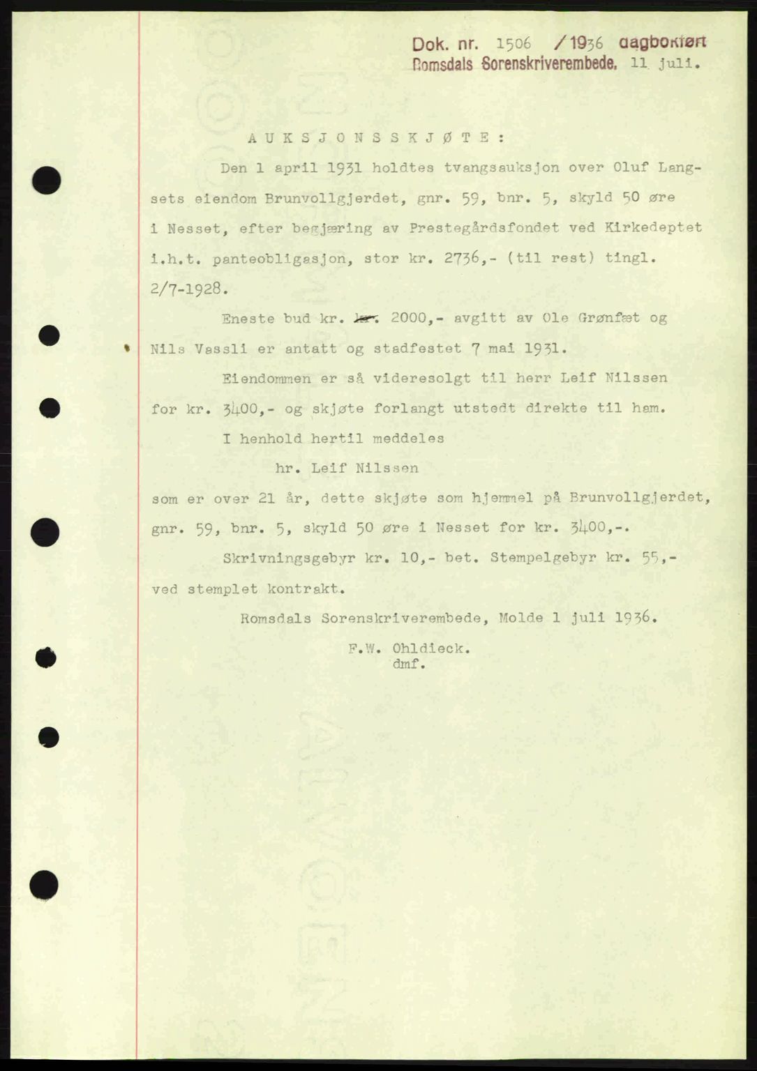 Romsdal sorenskriveri, SAT/A-4149/1/2/2C: Pantebok nr. A1, 1936-1936, Dagboknr: 1506/1936
