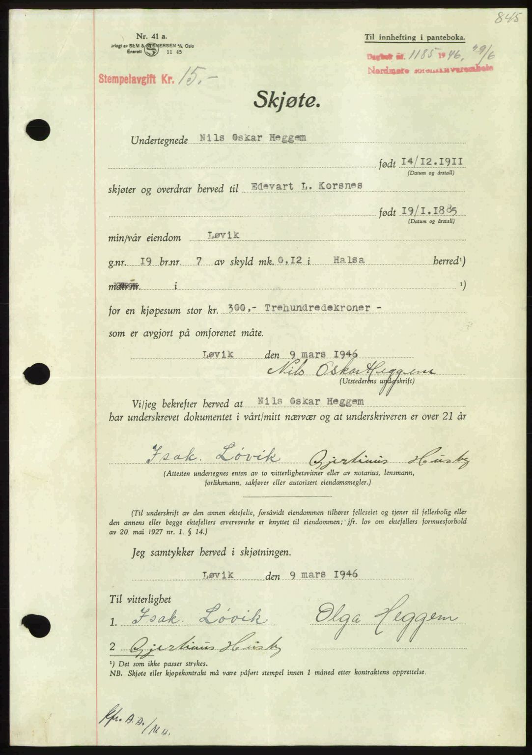 Nordmøre sorenskriveri, AV/SAT-A-4132/1/2/2Ca: Pantebok nr. A101, 1946-1946, Dagboknr: 1185/1946