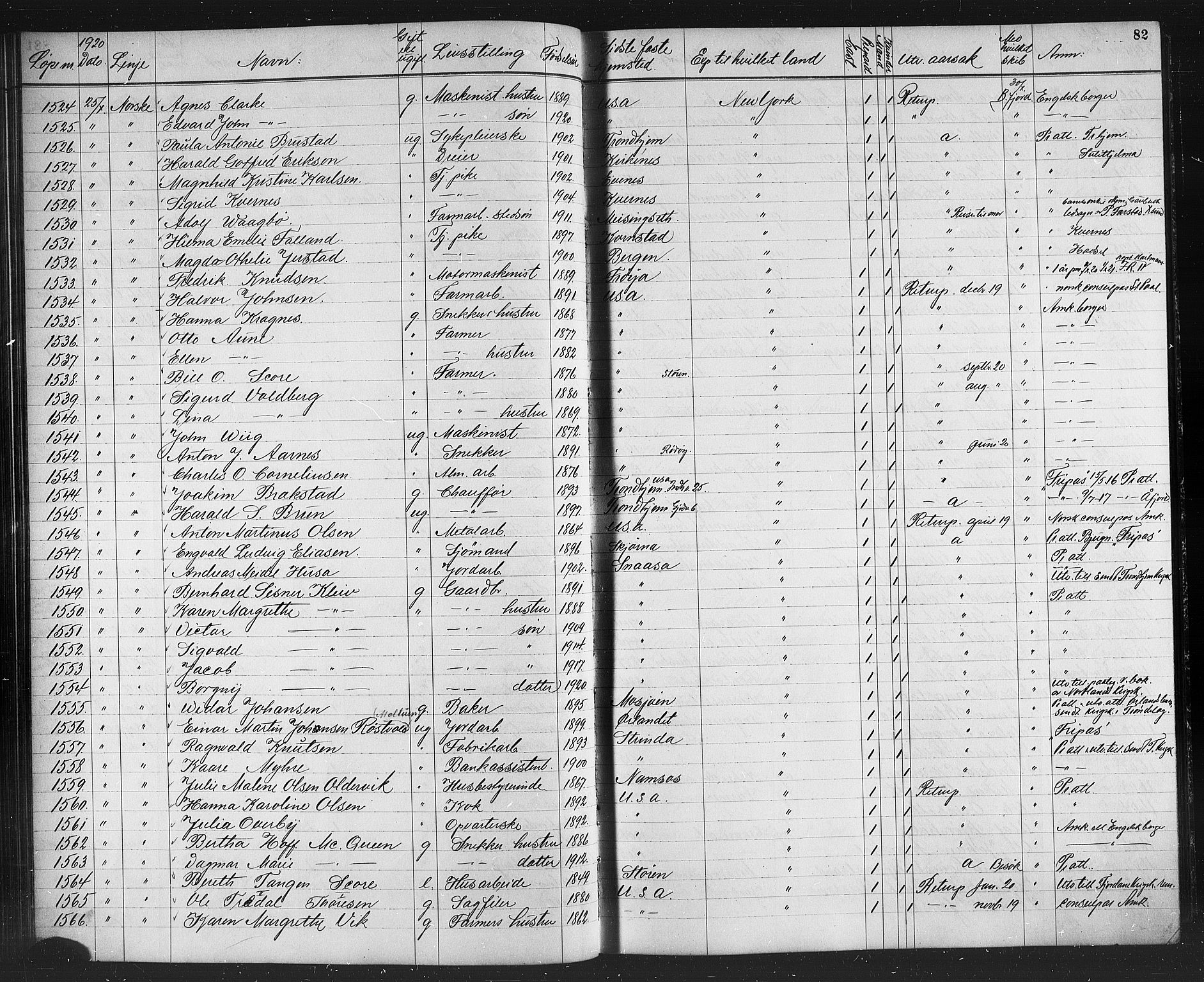 Trondheim politikammer, AV/SAT-A-1887/1/32/L0016: Emigrantprotokoll XV, 1916-1926, s. 82