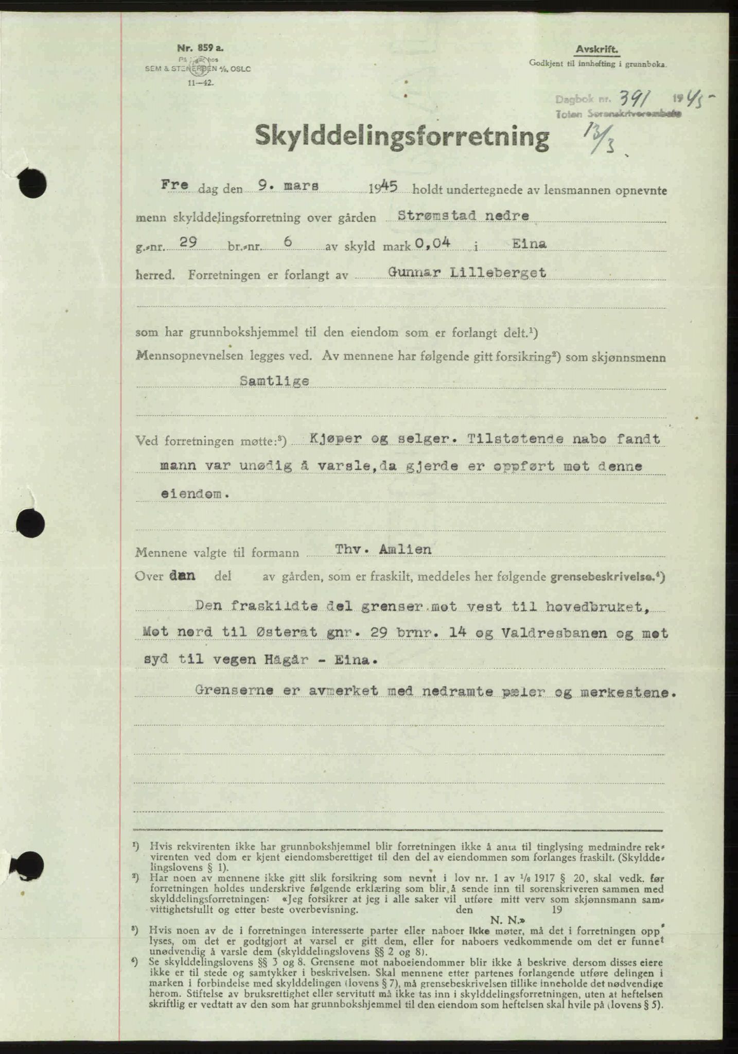 Toten tingrett, AV/SAH-TING-006/H/Hb/Hbc/L0013: Pantebok nr. Hbc-13, 1945-1945, Dagboknr: 391/1945