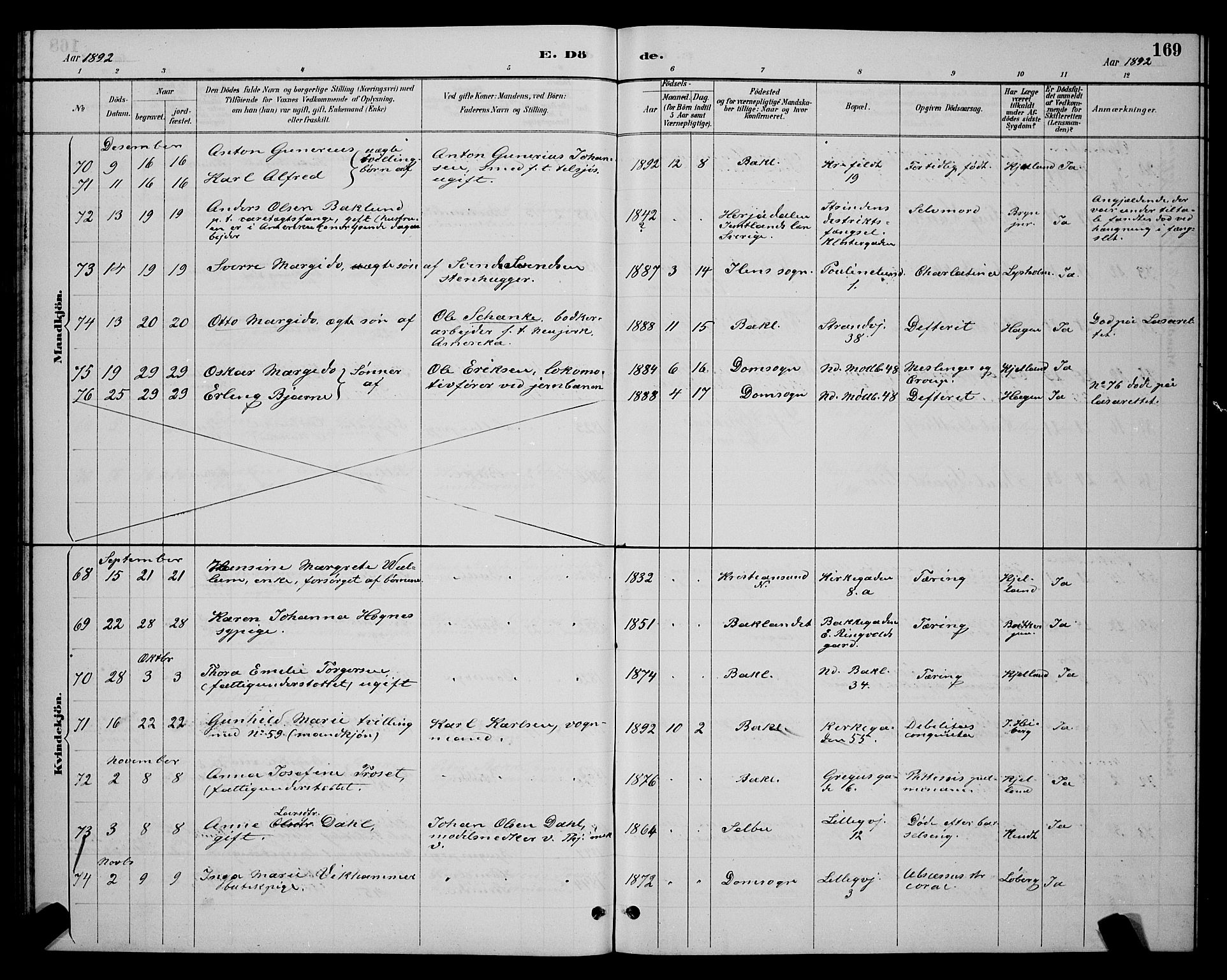 Ministerialprotokoller, klokkerbøker og fødselsregistre - Sør-Trøndelag, SAT/A-1456/604/L0223: Klokkerbok nr. 604C06, 1886-1897, s. 169