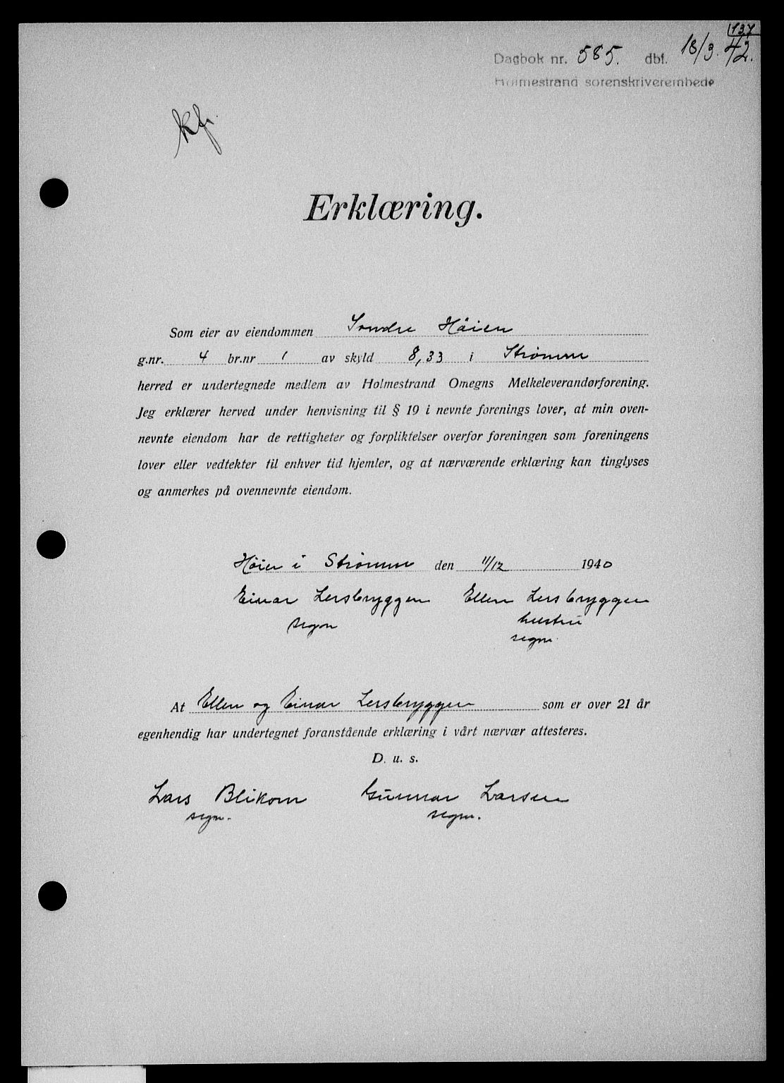Holmestrand sorenskriveri, SAKO/A-67/G/Ga/Gaa/L0055: Pantebok nr. A-55, 1942-1942, Dagboknr: 585/1942