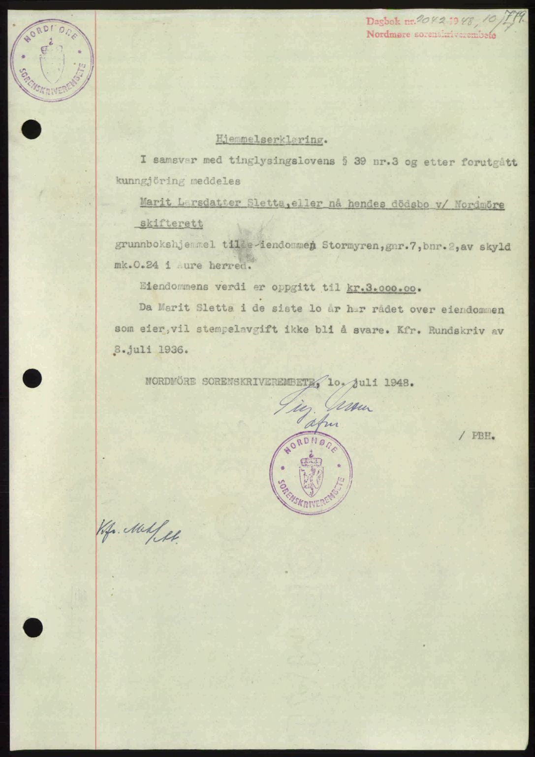 Nordmøre sorenskriveri, SAT/A-4132/1/2/2Ca: Pantebok nr. A108, 1948-1948, Dagboknr: 2042/1948