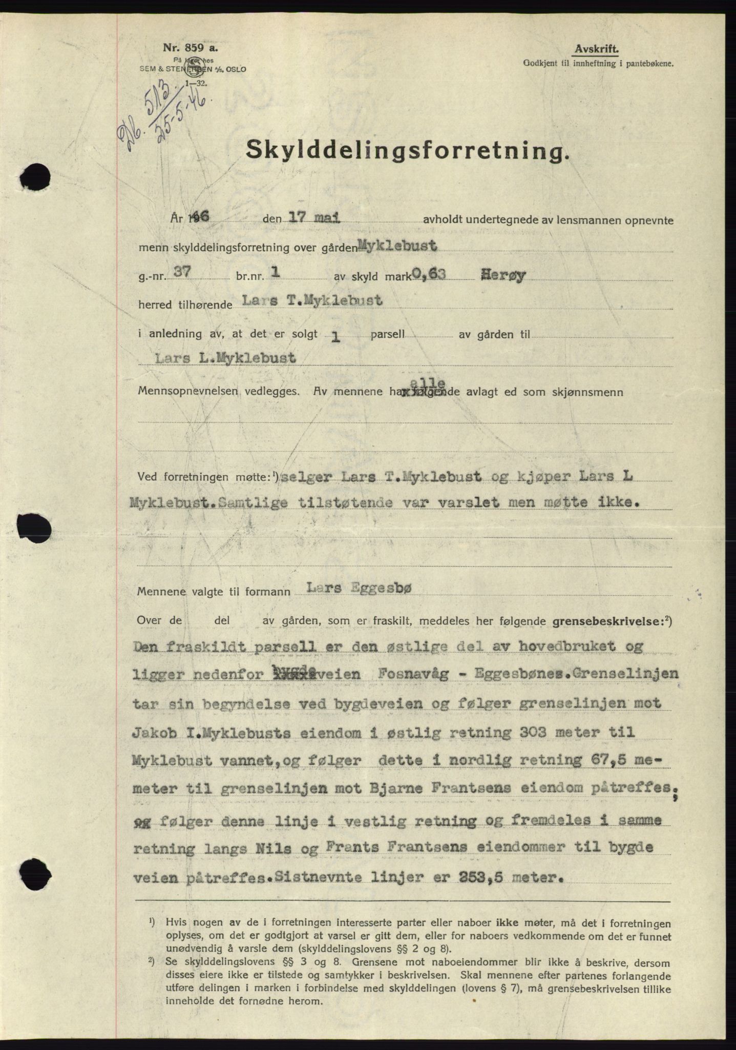 Søre Sunnmøre sorenskriveri, SAT/A-4122/1/2/2C/L0078: Pantebok nr. 4A, 1946-1946, Dagboknr: 513/1946