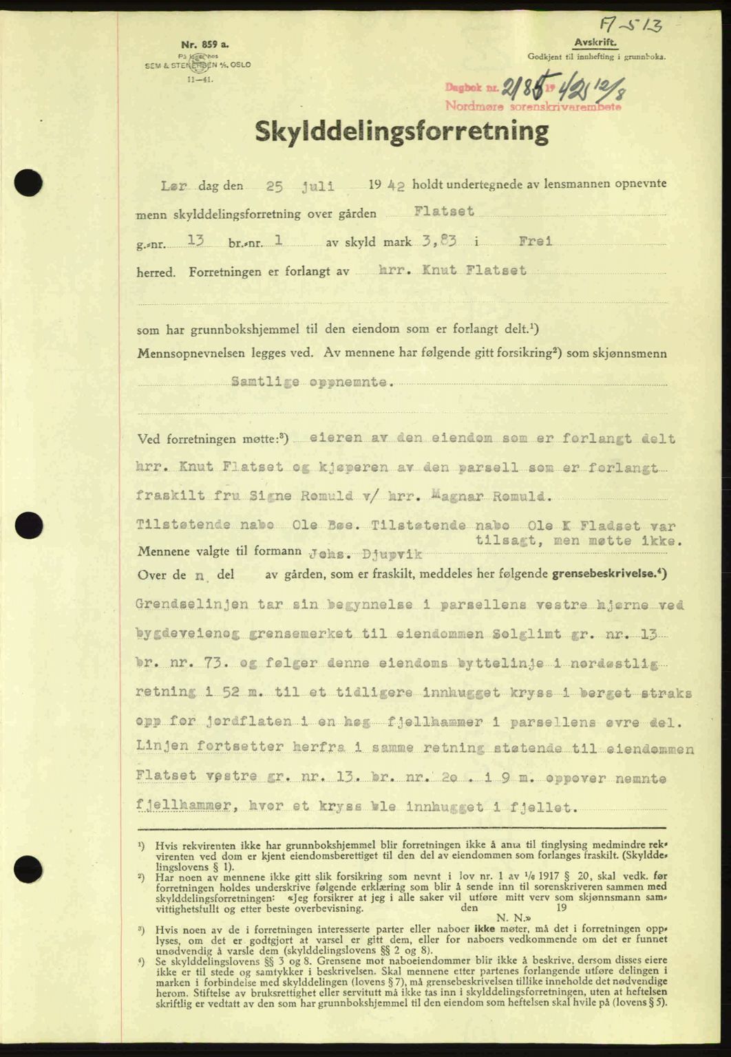 Nordmøre sorenskriveri, SAT/A-4132/1/2/2Ca: Pantebok nr. A93, 1942-1942, Dagboknr: 2185/1942