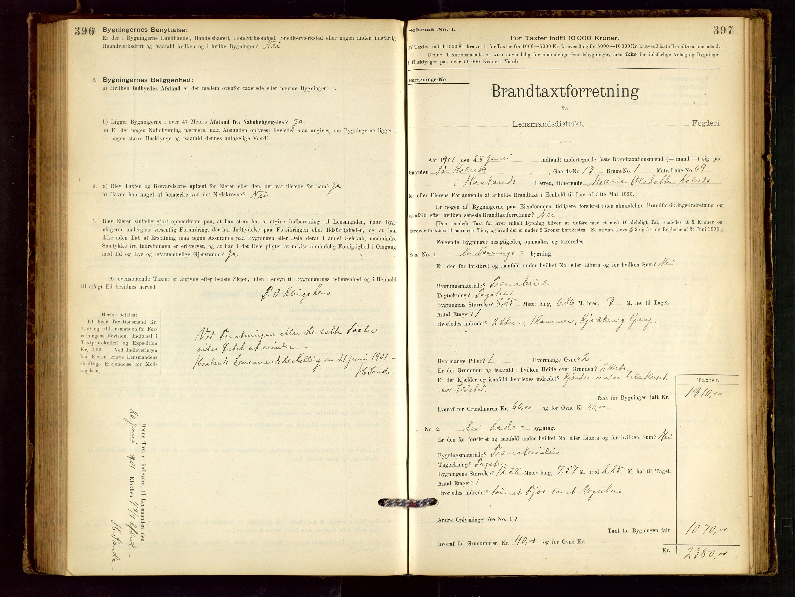 Håland lensmannskontor, SAST/A-100100/Gob/L0001: Branntakstprotokoll - skjematakst. Register i boken., 1894-1902, s. 396-397