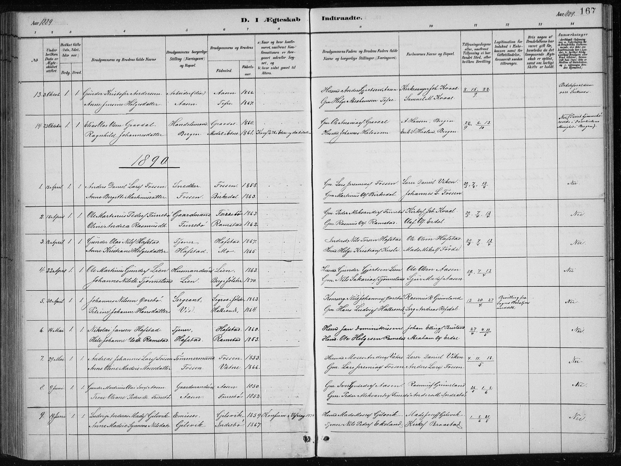 Førde sokneprestembete, AV/SAB-A-79901/H/Hab/Haba/L0002: Klokkerbok nr. A 2, 1881-1898, s. 167