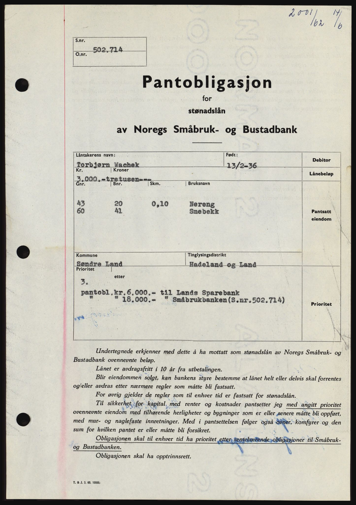 Hadeland og Land tingrett, SAH/TING-010/H/Hb/Hbc/L0048: Pantebok nr. B48, 1962-1962, Dagboknr: 2001/1962