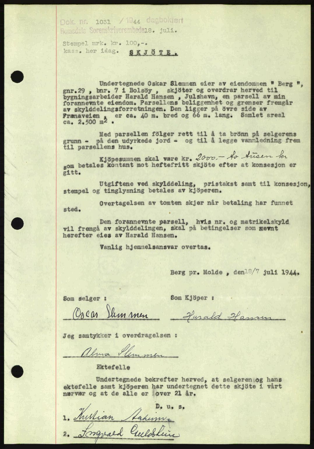 Romsdal sorenskriveri, SAT/A-4149/1/2/2C: Pantebok nr. A16, 1944-1944, Dagboknr: 1031/1944