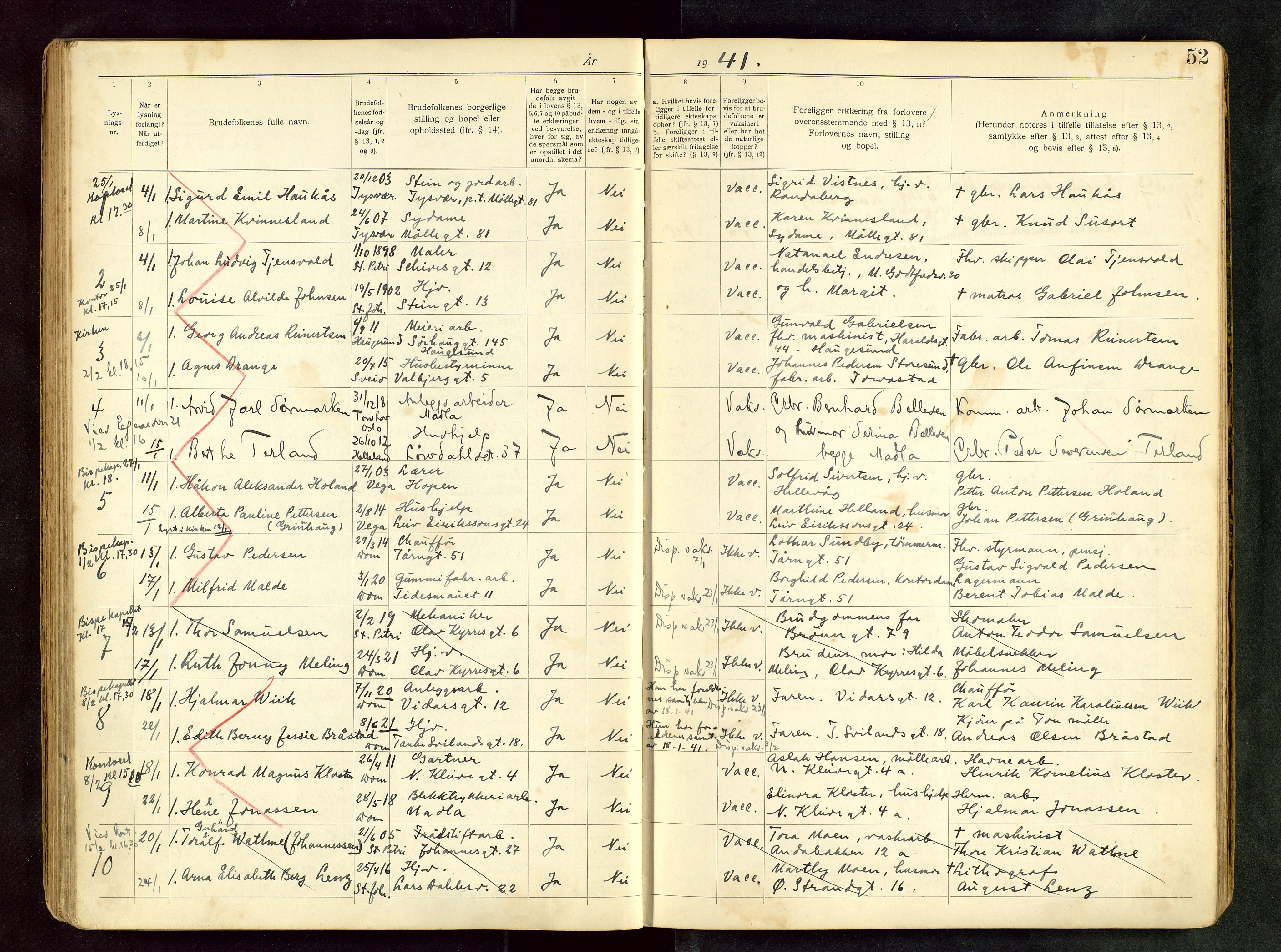 Domkirken sokneprestkontor, AV/SAST-A-101812/001/70/705BB/L0003: Lysningsprotokoll nr. 3, 1938-1946, s. 52