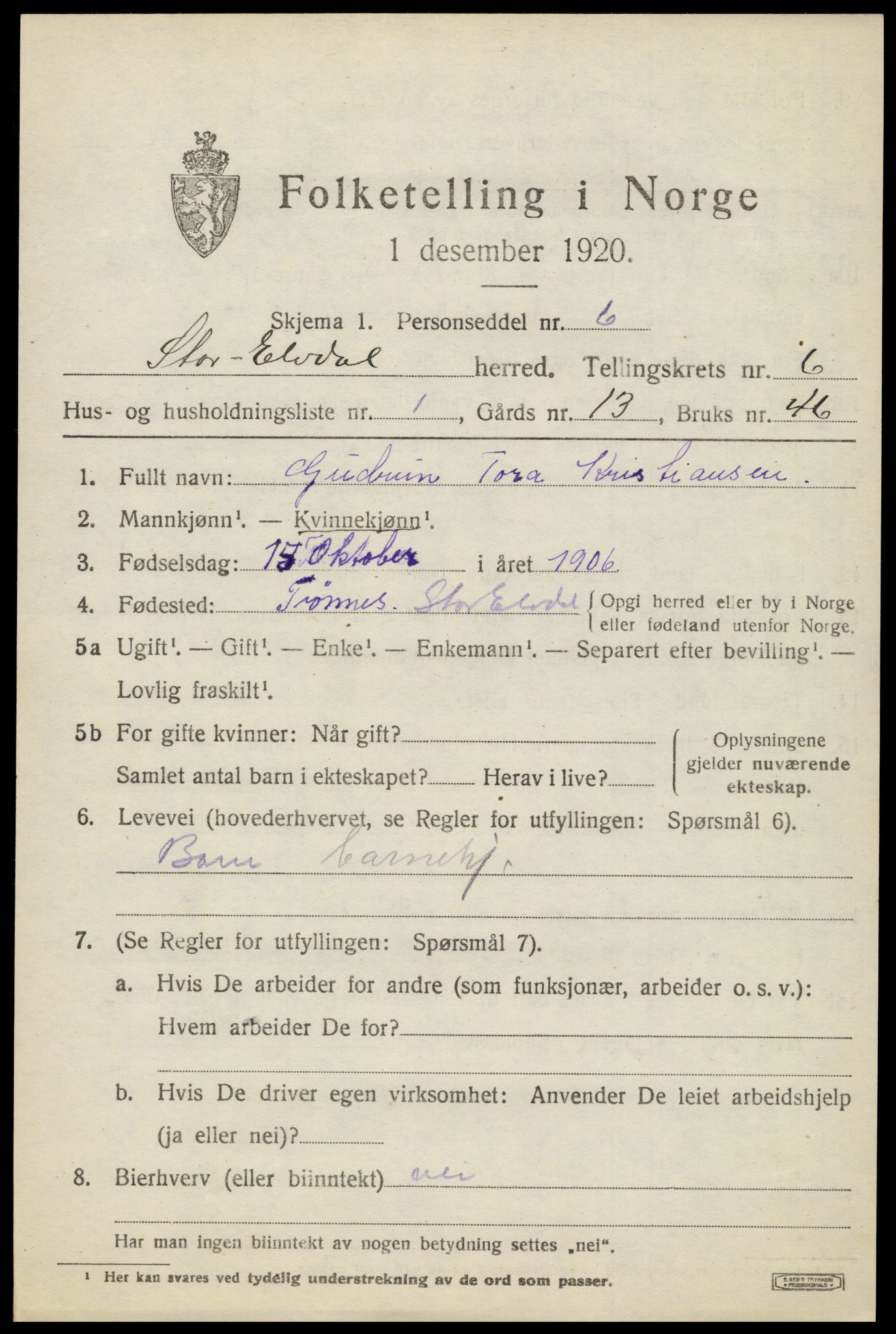 SAH, Folketelling 1920 for 0430 Stor-Elvdal herred, 1920, s. 4922