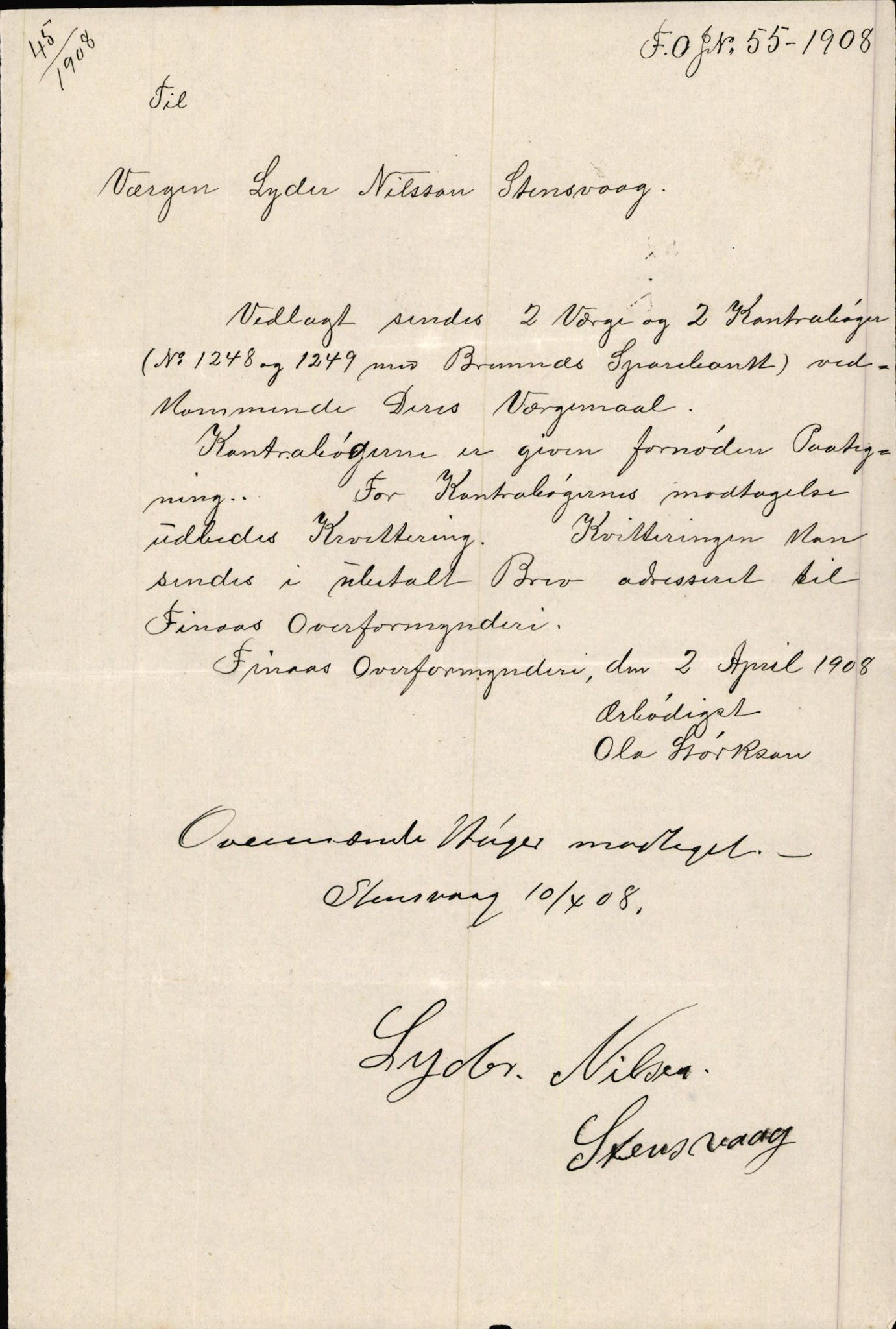 Finnaas kommune. Overformynderiet, IKAH/1218a-812/D/Da/Daa/L0002/0003: Kronologisk ordna korrespondanse / Kronologisk ordna korrespondanse, 1905-1909, s. 119