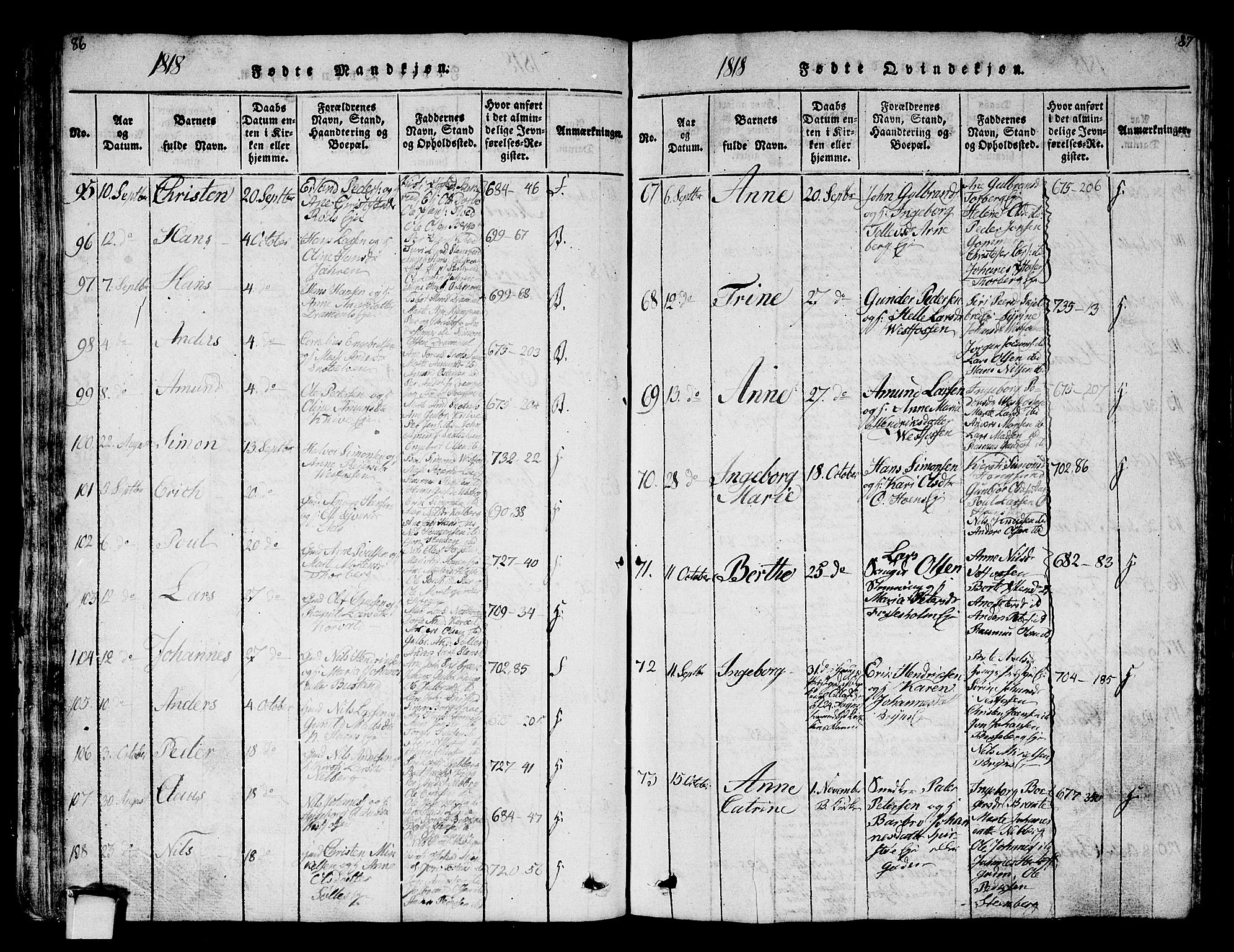 Eiker kirkebøker, AV/SAKO-A-4/G/Ga/L0001: Klokkerbok nr. I 1, 1814-1832, s. 86-87