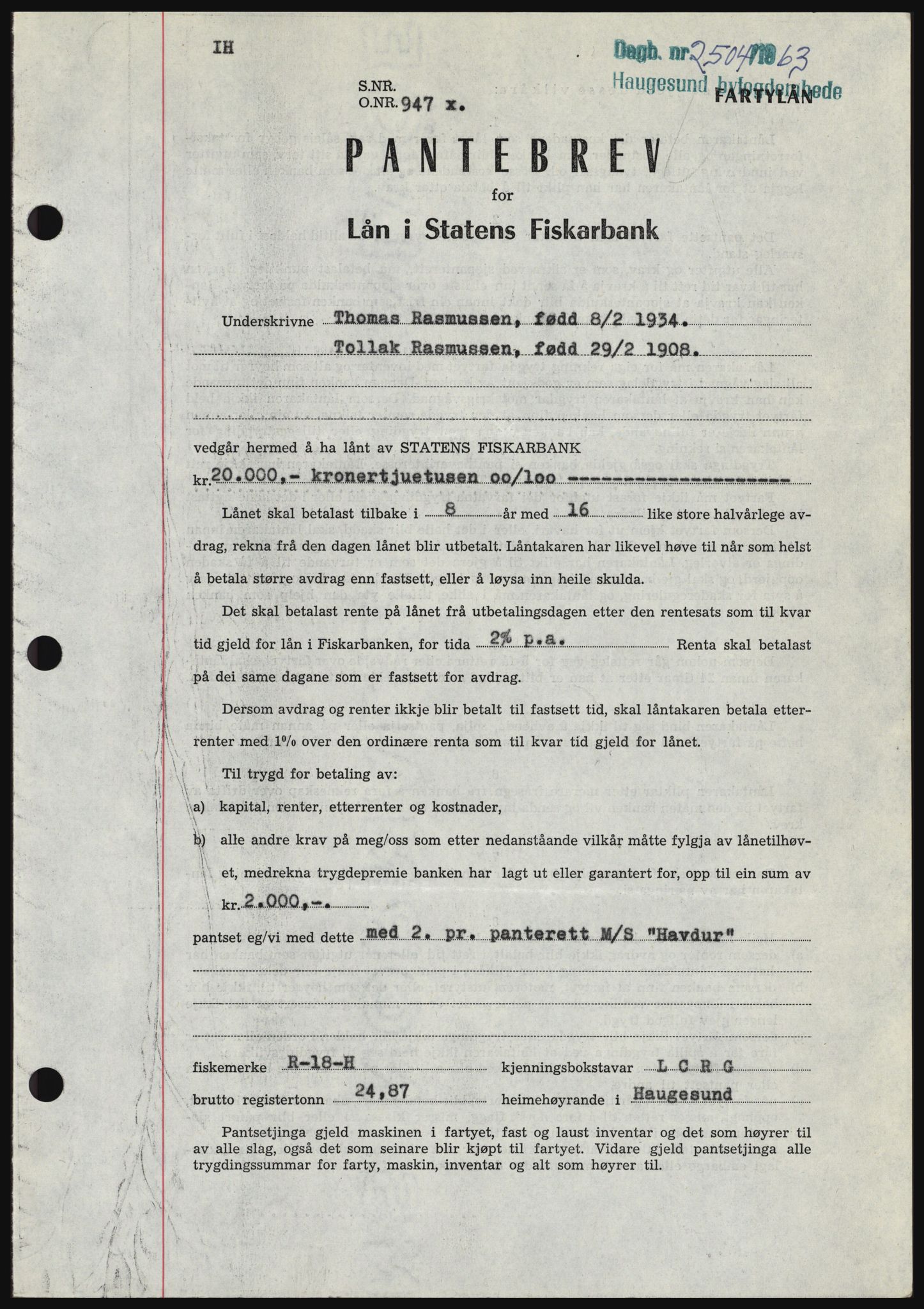 Haugesund tingrett, SAST/A-101415/01/II/IIC/L0051: Pantebok nr. B 51, 1963-1964, Dagboknr: 2504/1963