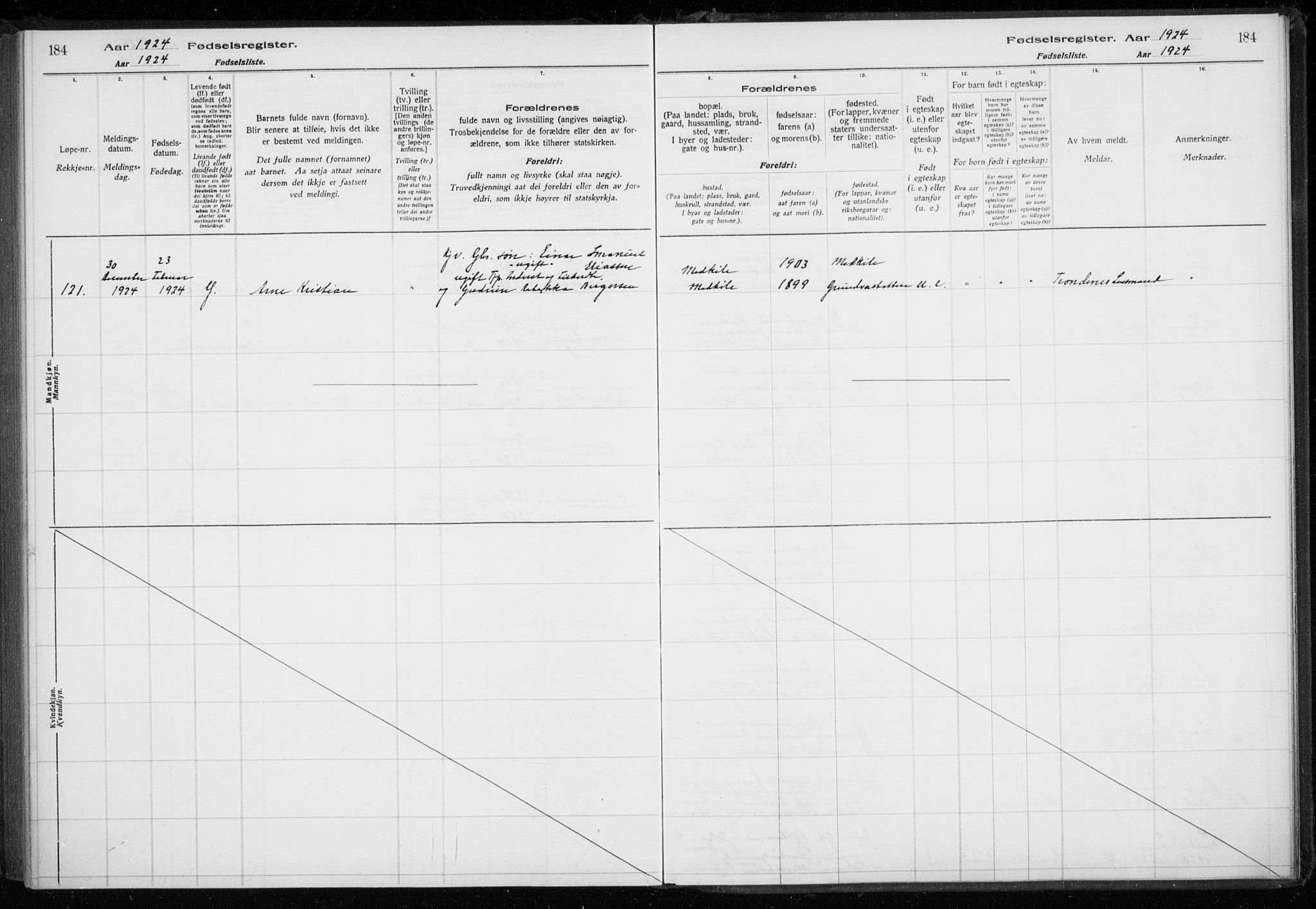 Trondenes sokneprestkontor, AV/SATØ-S-1319/I/Ia/L0089: Fødselsregister nr. 89, 1916-1925, s. 184