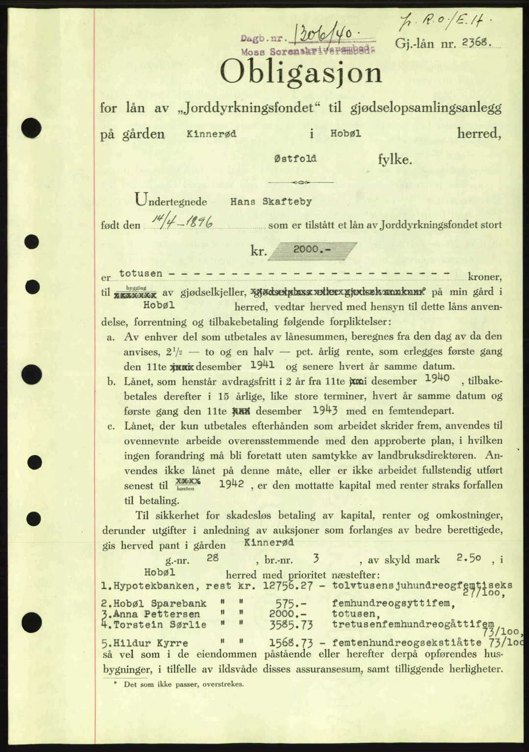 Moss sorenskriveri, SAO/A-10168: Pantebok nr. B10, 1940-1941, Dagboknr: 1306/1940