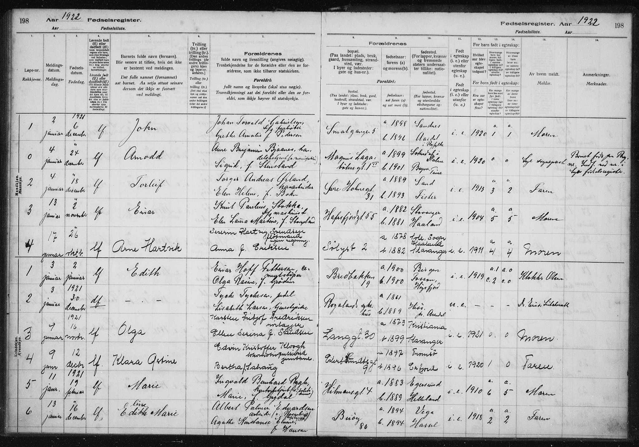 St. Petri sokneprestkontor, AV/SAST-A-101813/002/A/L0001: Fødselsregister nr. 1, 1916-1922, s. 198