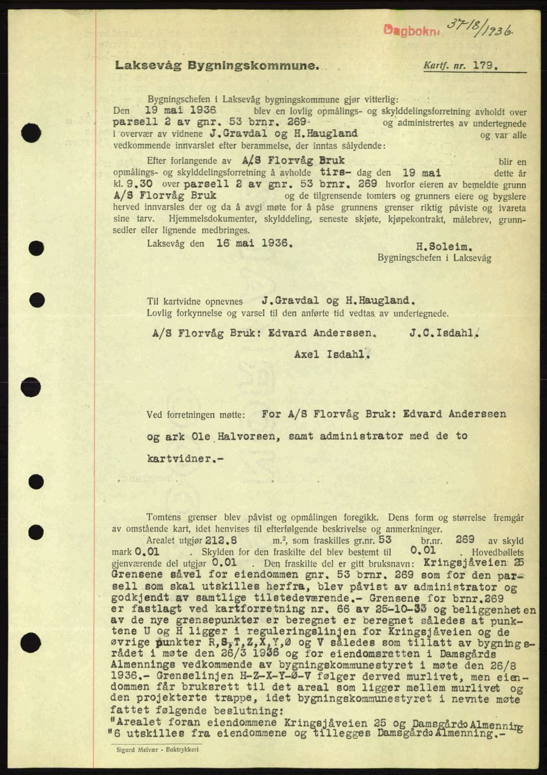 Midhordland sorenskriveri, SAB/A-3001/1/G/Gb/Gbk/L0001: Pantebok nr. A1-6, 1936-1937, Dagboknr: 3718/1936